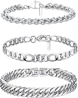 Ritach Cuban Link Silver Bracelet for Men Sturdy Stainless Steel Chain Bracelet Set for Dad Boyfriend Husband, Cubic Zirconia