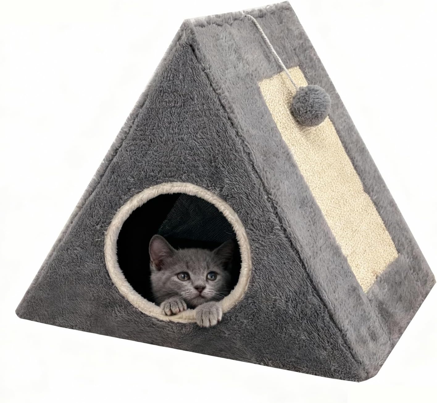 Cat Beds for Indoor - 2 in 1 Cat Cave House Tent for Kittens and Small Pets with Fluffy Ball Hanging and Scratch Pad,Foldable Kitten Hideaway with Non-Slip Bottom, Grey, 17 inches