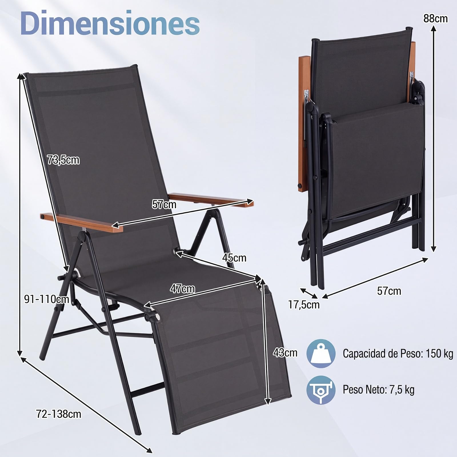 COSTWAY 1/2 Tumbona Plegable, Textilene, Respaldo en 5 Posiciones (Negro,2)