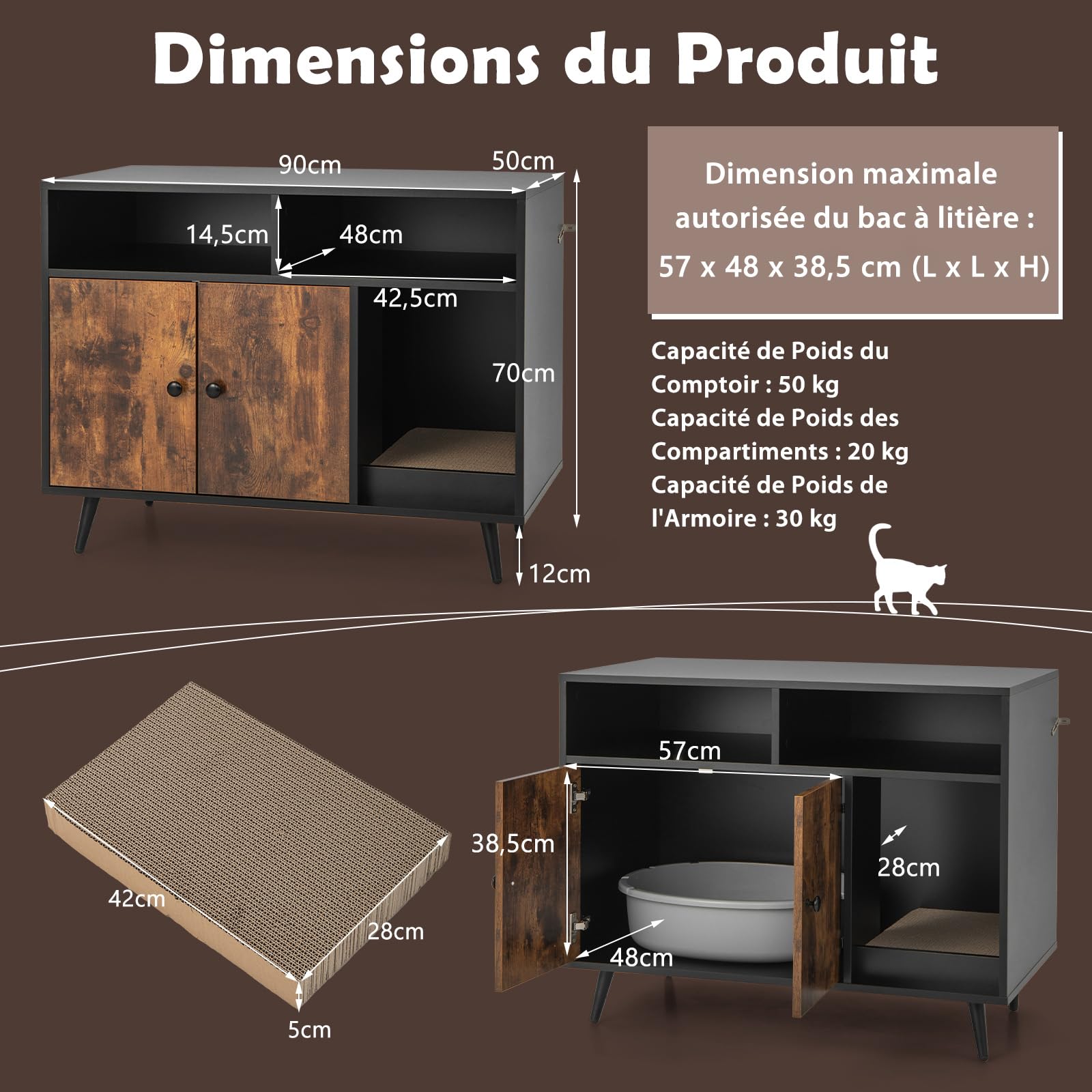 COSTWAY Meuble Litière Chat avec Griffoir Industriel, Maison de Toilette Chat Anti-basculement 2 Étagères de Rangement, Pieds Métalliques Inclinées, 90x50x70cm