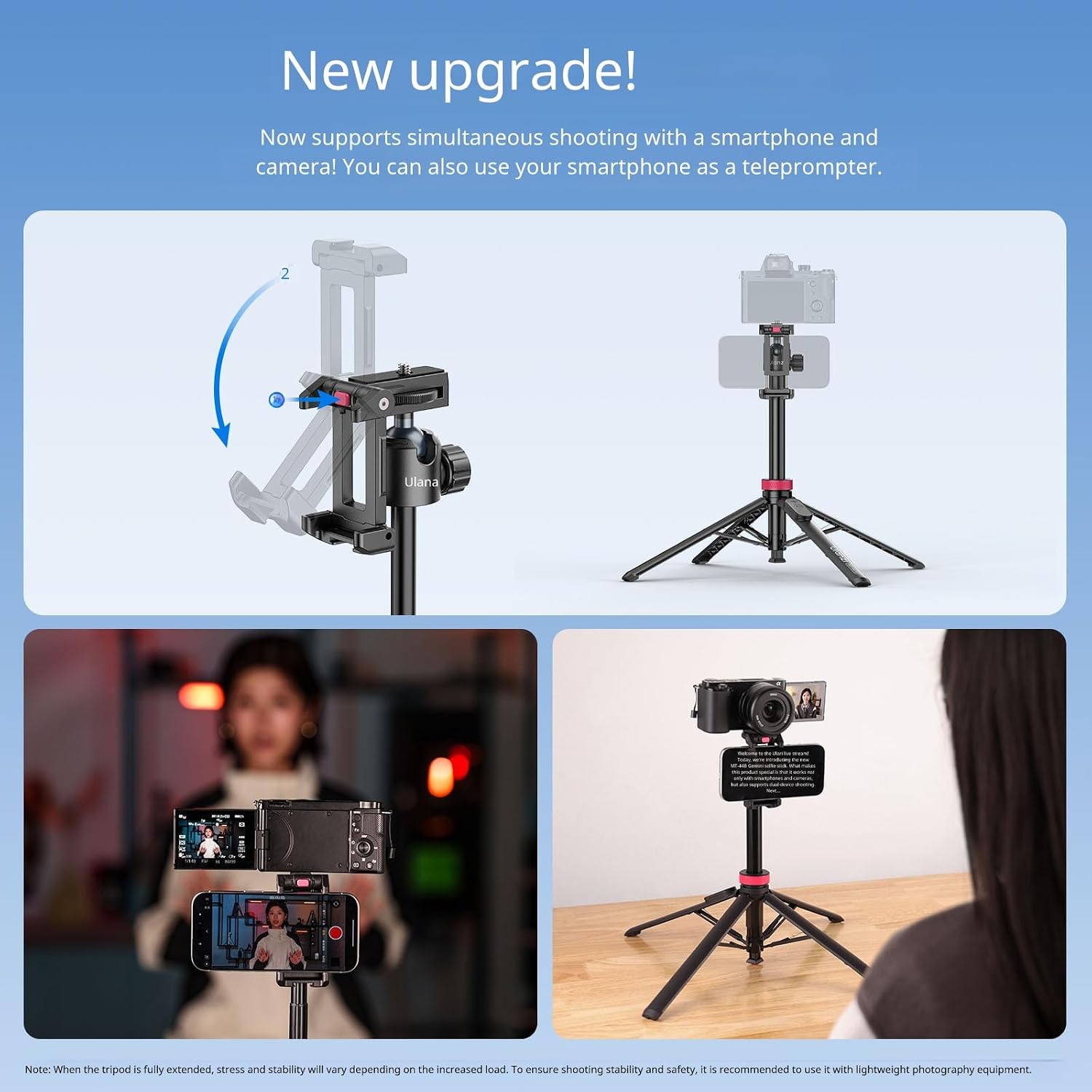 ULANZI MT-44B Phone Tripod, 59'' Auto Open Phone Stand w Dual Camera Setup,7-Section Extendable Pole, 360° Rotation Ball Head, Wireless Remote, Cold Shoe Mount, Compact (415g) for Vlogging & Selfies