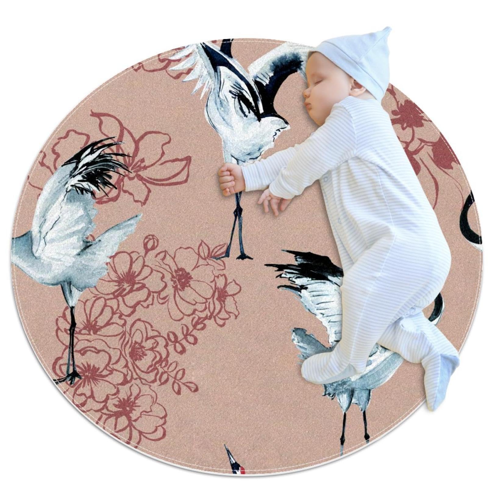 Tapis de salle de bain de 1m motif grue et cerisier rond et antidérapant