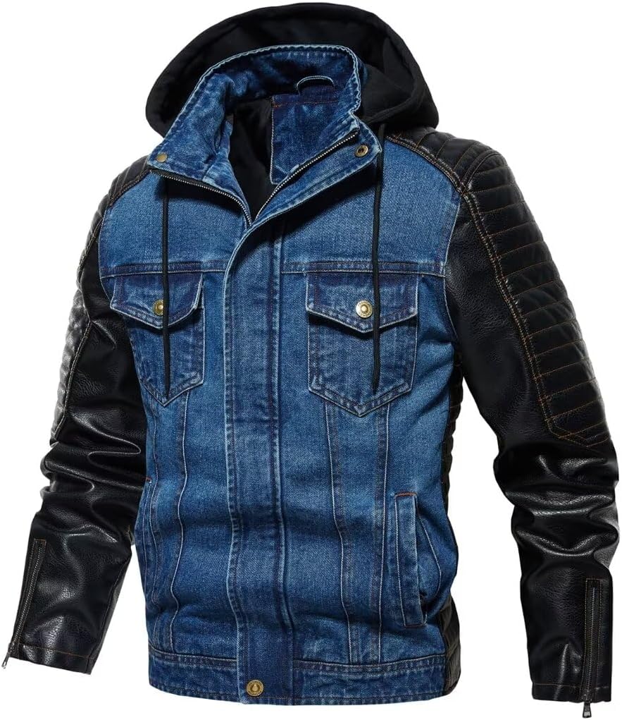 INVACHI Men's Denim Jacket Vintage Jean Trucker Jacket with Leather Patchwork Multiple Pockets - Image 3