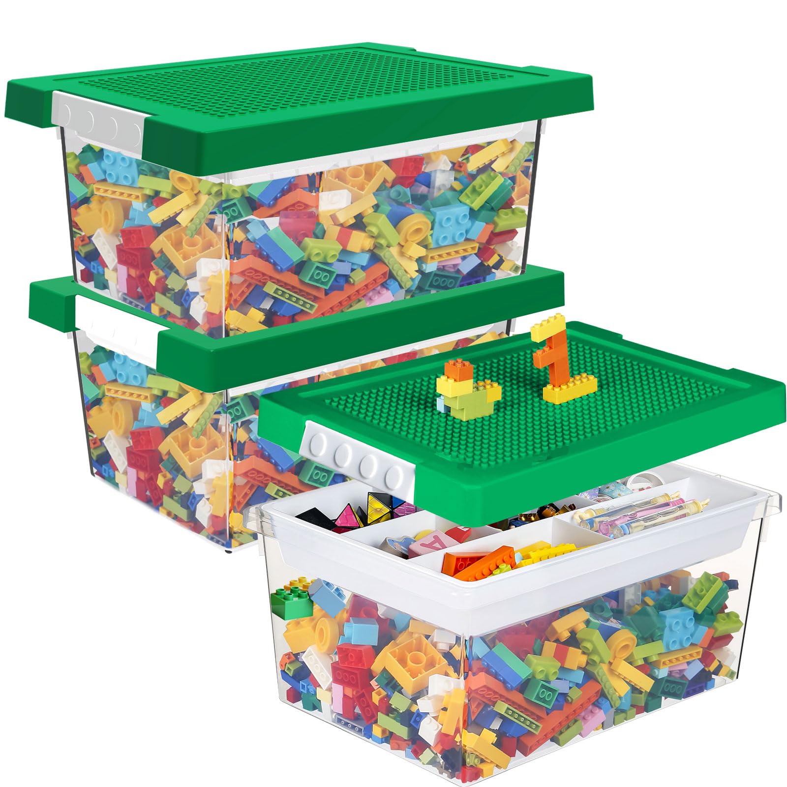 Greentainer Set di 3 contenitori portaoggetti in plastica impilabili con vassoio rimovibile, contenitori per giocattoli per bambini con coperchio per piastra di base, contenitore per mattoni da