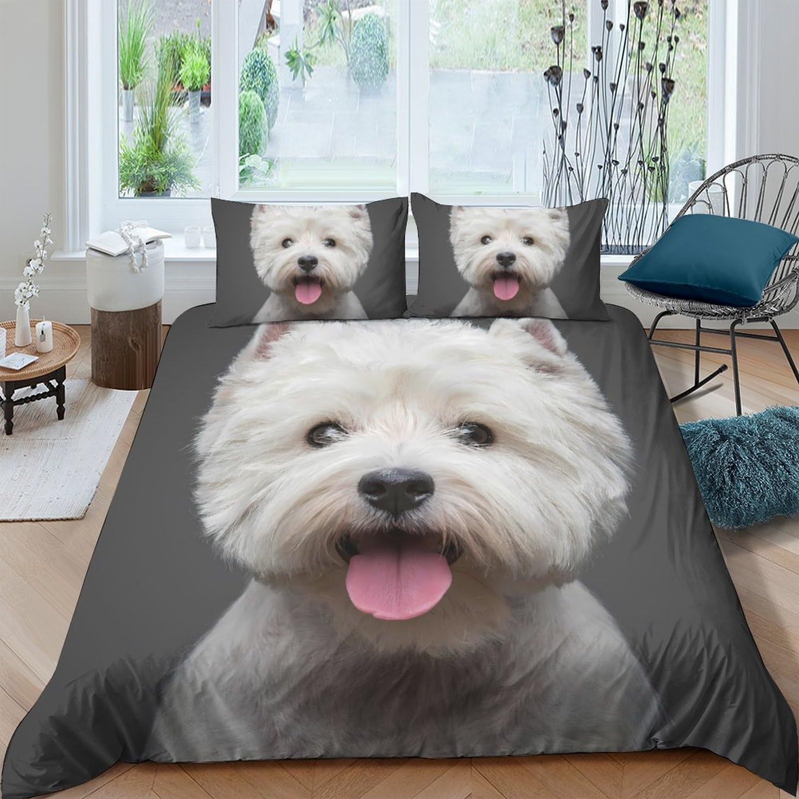 GPLZQXKJNH 3D Printed White Westie Dog Duvet Cover Microfiber Soft Breathable Cute Puppy Bedding Set with 2 Pillowcases for Bedroom Decor Single（135x200cm）