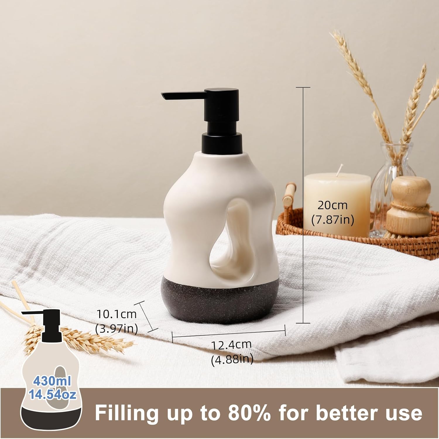 BosilunLife Ceramic Soap Dispenser - Soap Pump Dispenser Bathroom Kitchen Modern Farmhouse Elegant Refillable Soap Dispenser Lotion Hand Pump Dispenser for Kitchen Sink (Beige with Black Base, 15oz) - Image 2