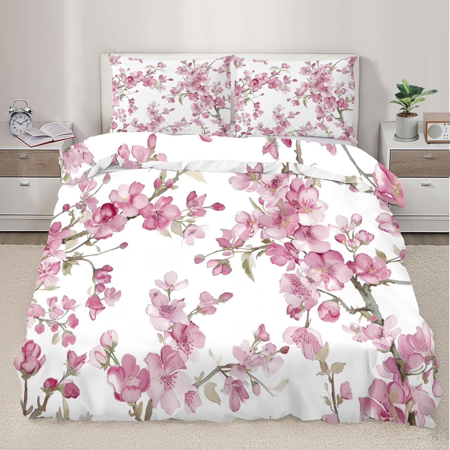 Cherry Blossoms Duvet Cover, Pink Florals Bedding Set Cover for Kids Boys Girls Teens, White Duvet Cover with Zipper Closure and 2 Pillow Shams, Twin Size 68"x90"
