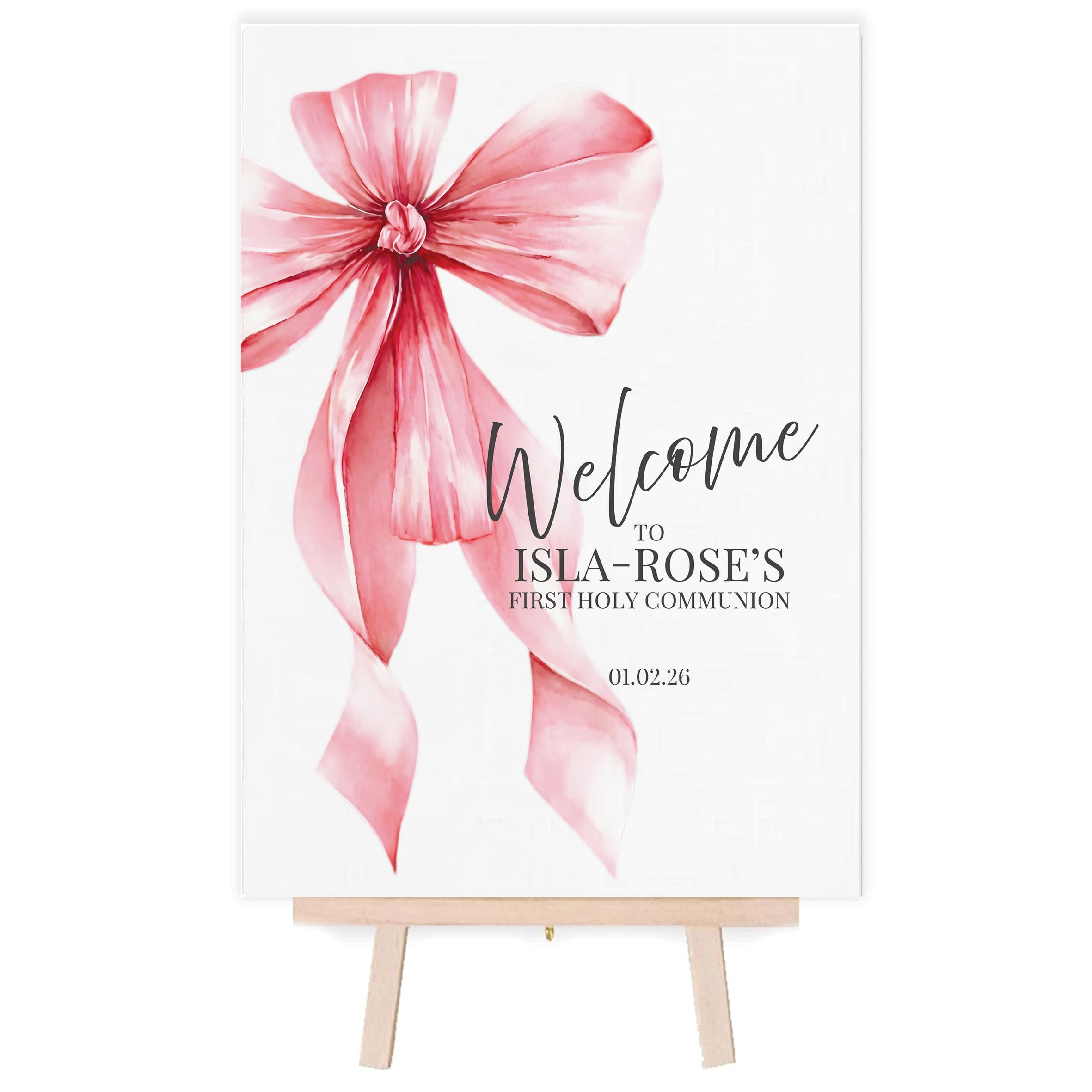 Personalised Welcome Poster for Christening/Baptism/First Holy Communion, Bow Theme (Pink, A3 with Easel)