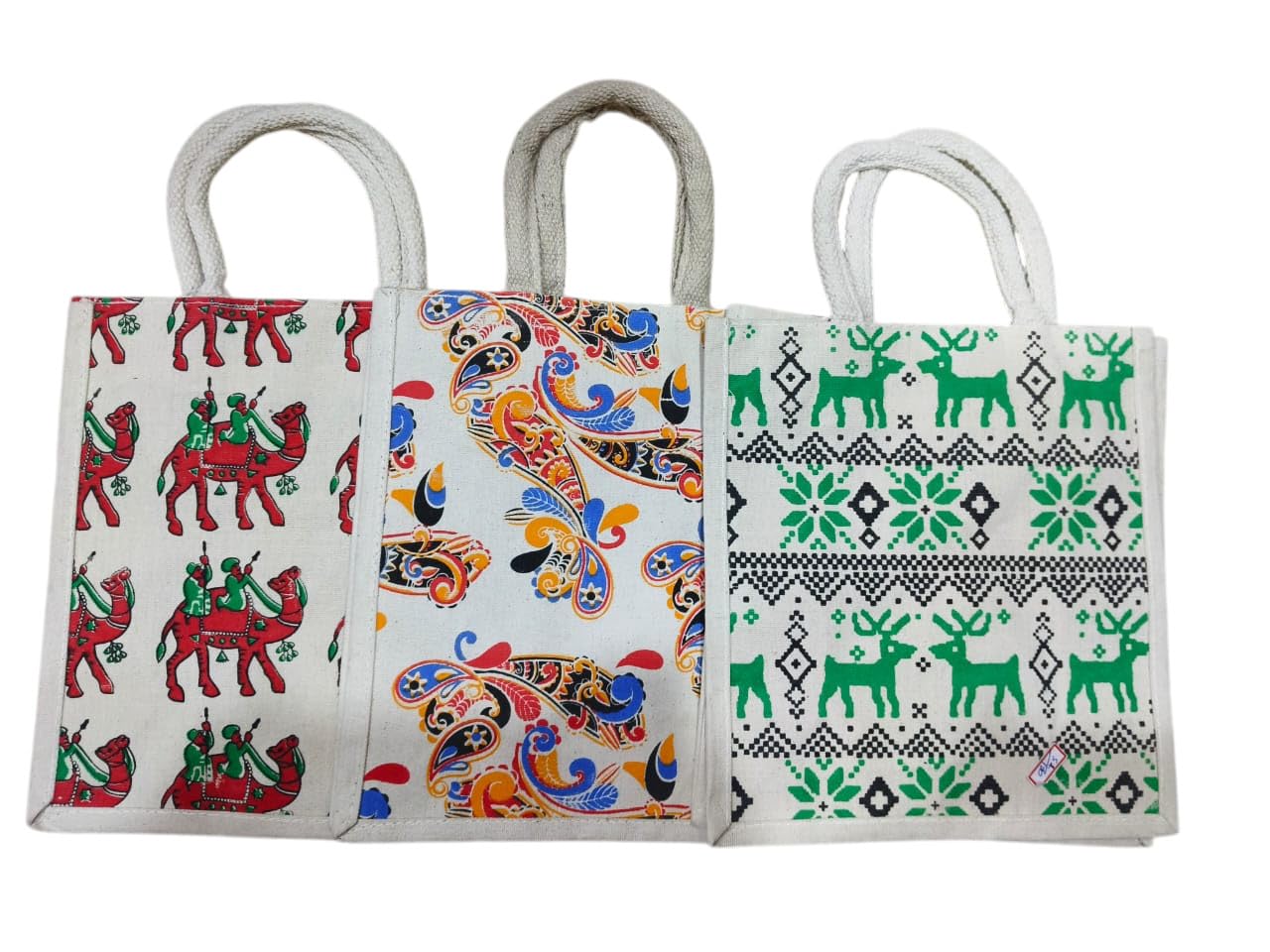 Printed Jute Bag Combo (Pack of 3) - Eco-Friendly Return Gift Bags for Festivals - White & Multicolor Ethnic Handheld Totes-image-30