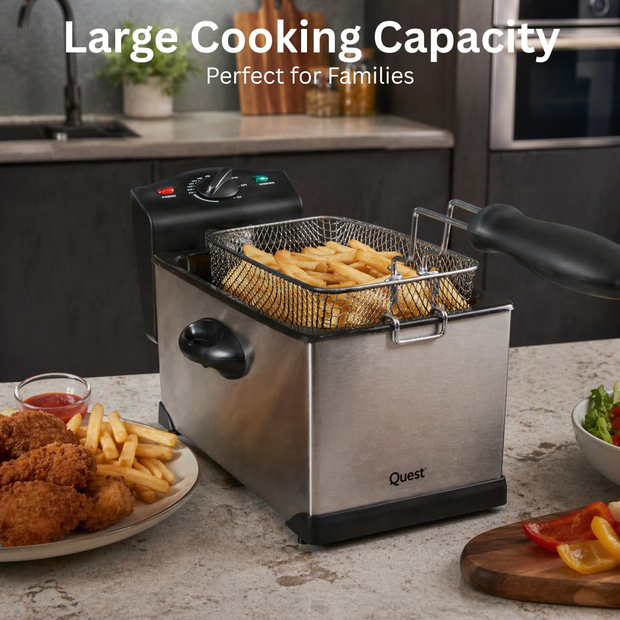 Quest Freidora de grasa profunda de 3 l, acero inoxidable, 2000 W, termostato de 130-190 °C, depósito de aceite extraíble y cesta, freidora eléctrica fácil de limpiar para pescado, pollo y patatas