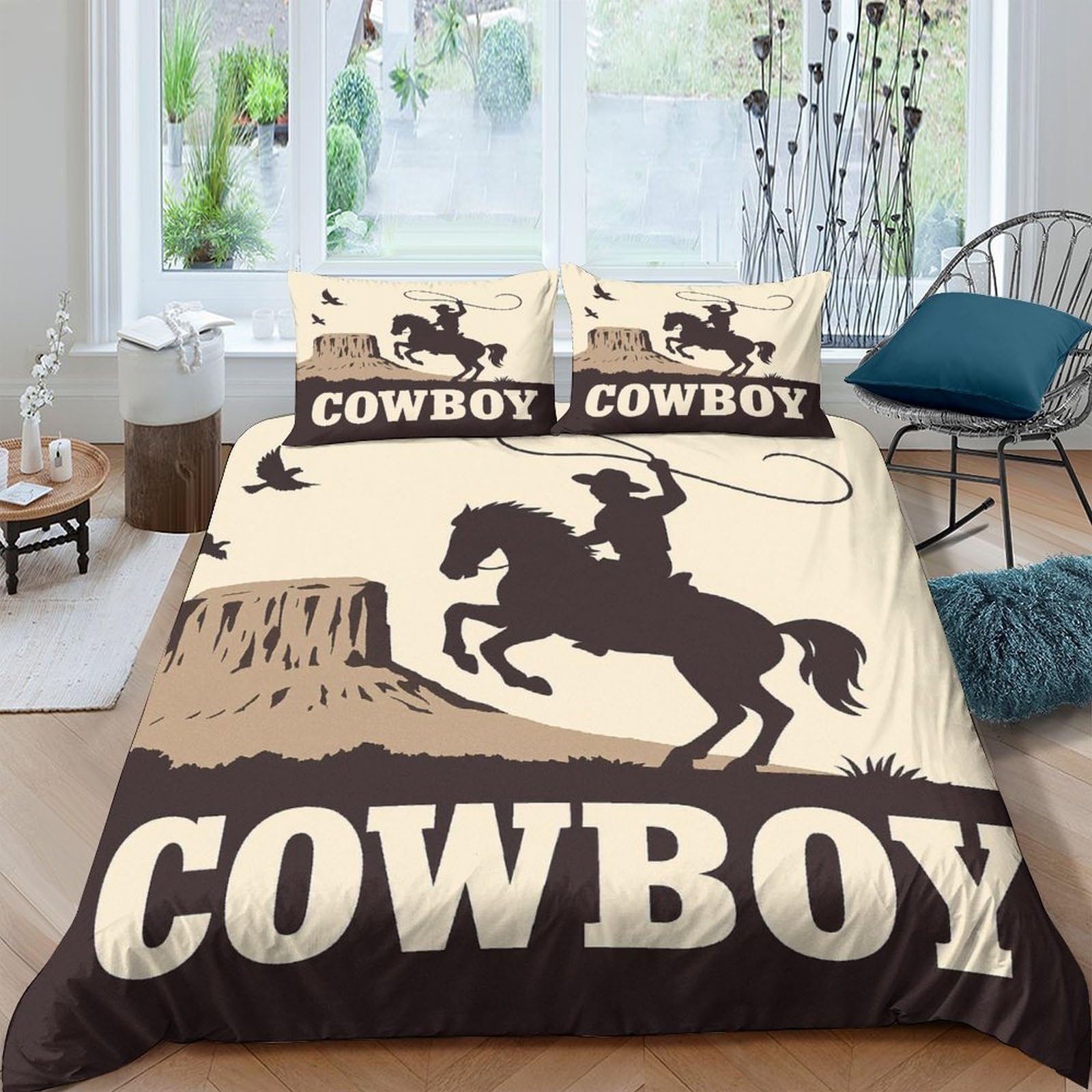 GPLZQXKJNH 3D Printed Cowboy Rodeo Duvet Cover Microfiber Soft Breathable Western Horse Bedding Set with 2 Pillowcases for Bedroom Decor Single（135x200cm）