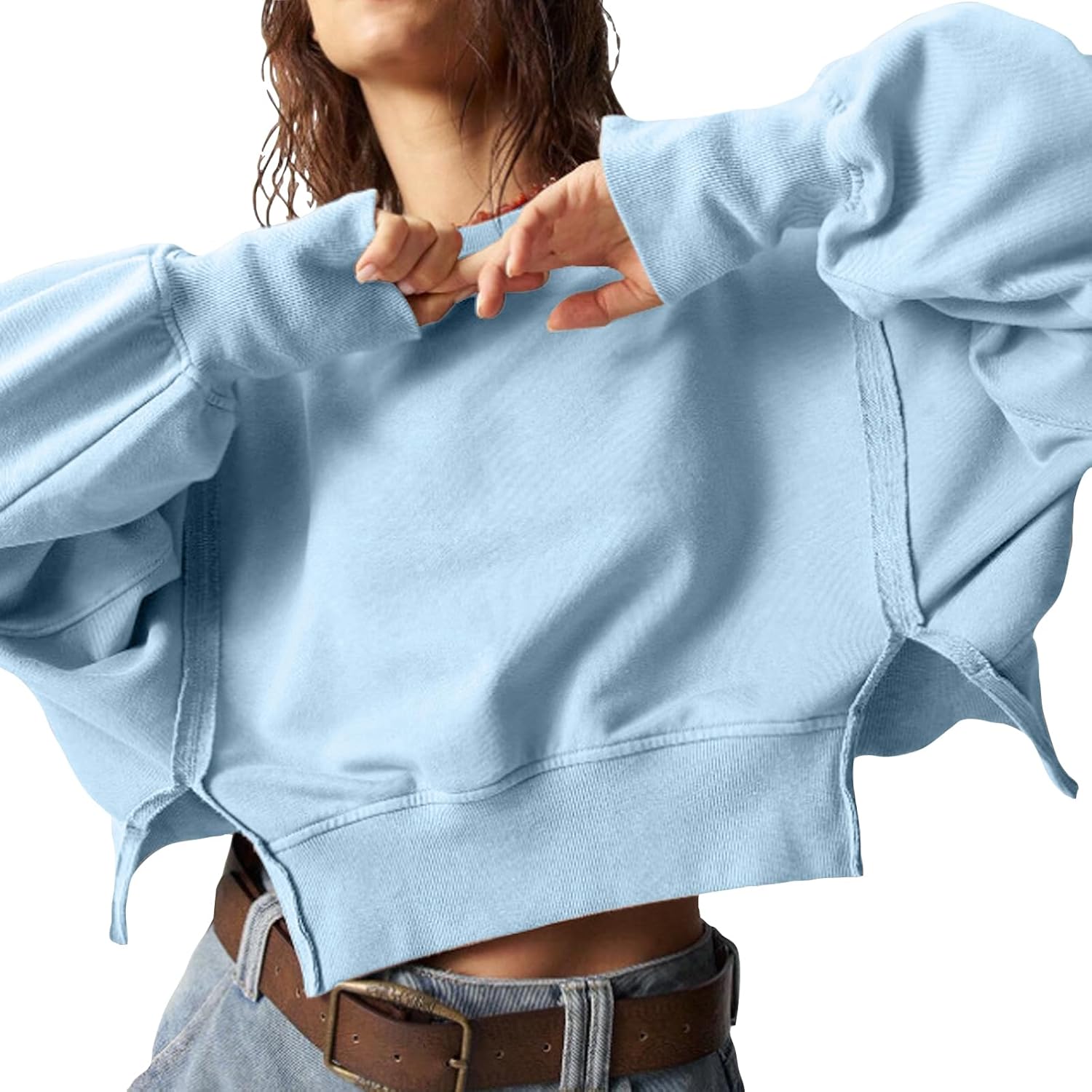 EGUGYDW Womens Crewneck Sweatshirts Cropped Long Sleeve Side Slit Loose Fit Teen Girls 2025 Fall Crop Pullover Tops - Image 6