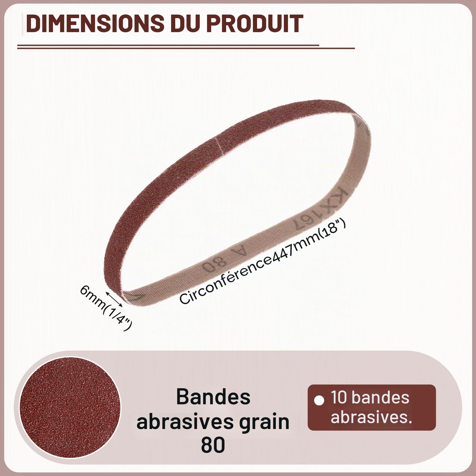 sourcing map Lot de 10 bandes abrasives de 6 mm x 457 mm en oxyde d'aluminium grain 80 pour le travail du bois, le polissage des métaux, l'aiguiseur de couteaux