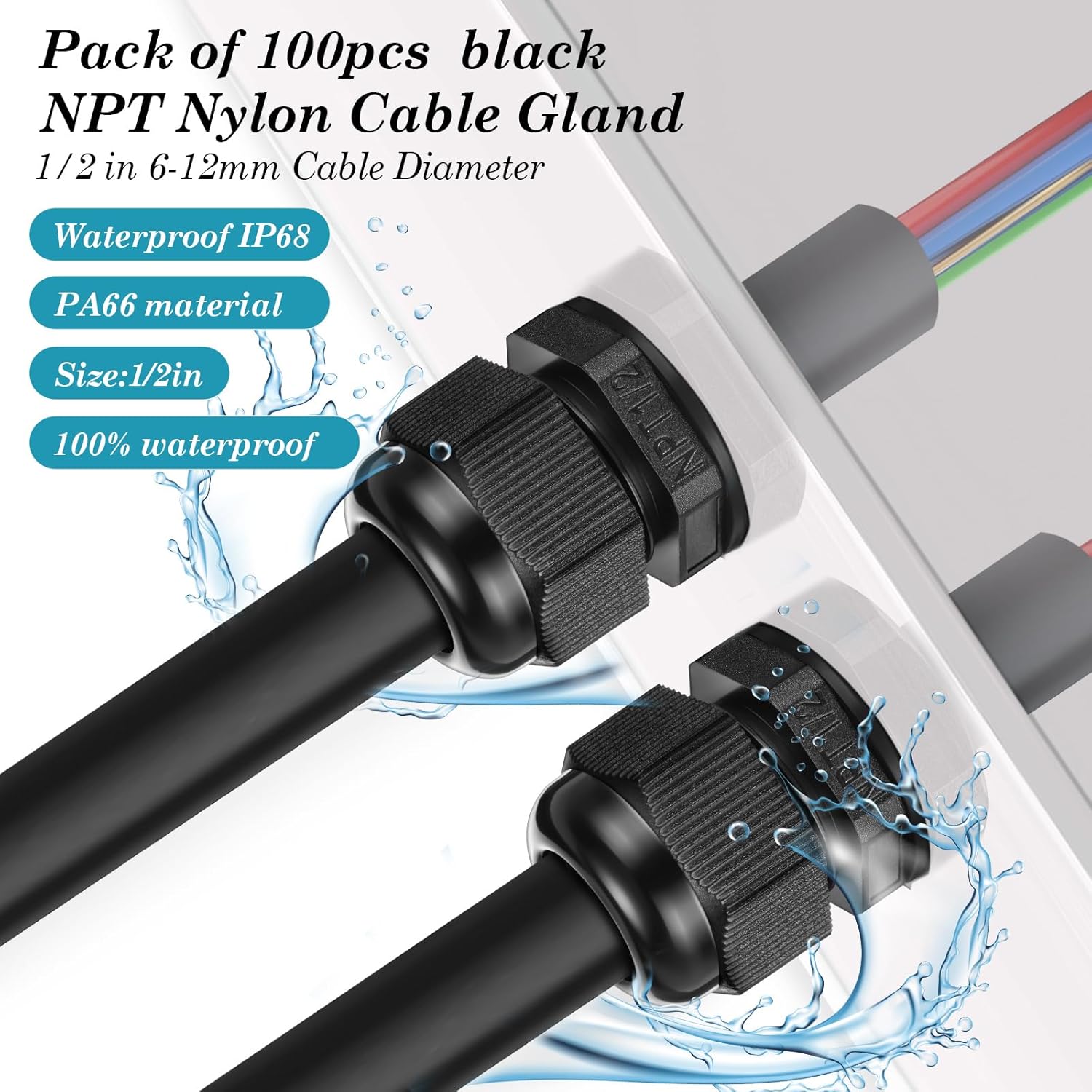 Relaxweex 100 Pcs 1/2" NPT Black Nylon Cable Gland, Waterproof IP68 Adjustable Locknut Cable Diameter Waterproof Connectors Black Cord Grip