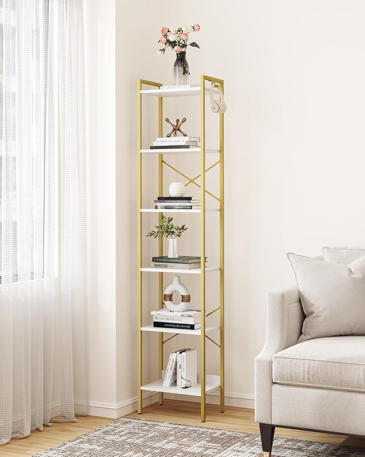 Bookshelf, Book Shelf, Industrial Bookcase with 2 Hooks, Coner Shelf Storage Organizer for Home Office, Living Room, Bedroom, Kitchen, 6-Tier White-Gold BC10713G
