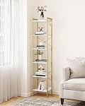 Hzuaneri Bookshelf, Book Shelf, Industrial Bookcase with 2 Hooks, Coner Shelf Storage Organizer for Home Office, Living Room, Bedroom, Kitchen, 6-Tier White-Gold BC10713G