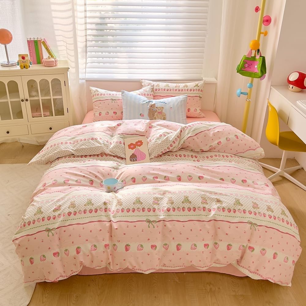 Funda Nordica Cama 90 Infantil Fresas Rosas Ropa de Cama Oso pequeño Microfibra Suave y Cómoda con Cremallera Funda Edredon 150x200-2 Fundas Almohada 50x75 QD2168