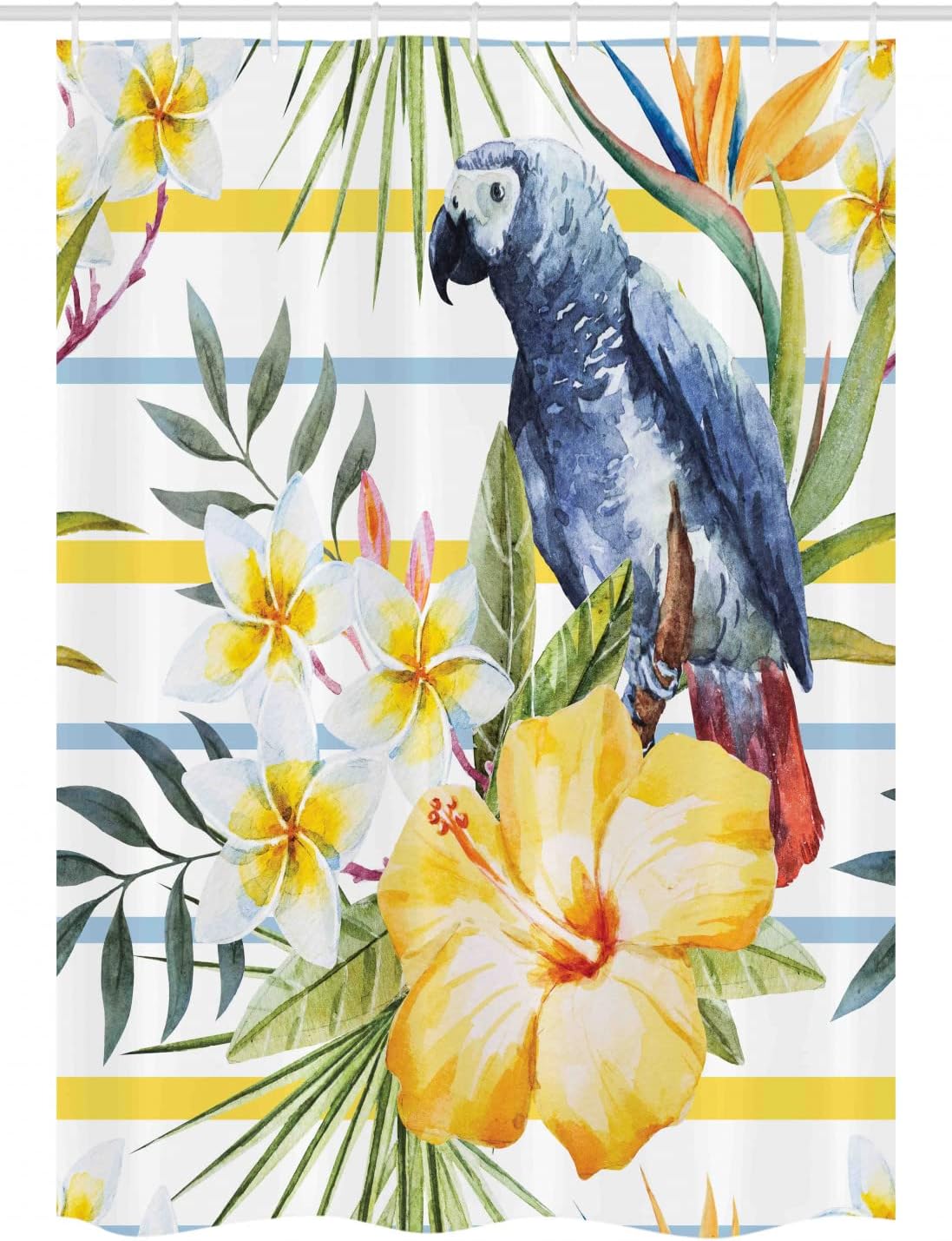 Ambesonne Parrot Stall Shower Curtain, Tropic Pattern Bird Orchids and Hibiscus Flowers Hawaiian Jungle Style, Fabric Bathroom Decor Set with Hooks, 54" W x 78" L, Soft Blue Apricot Yellow
