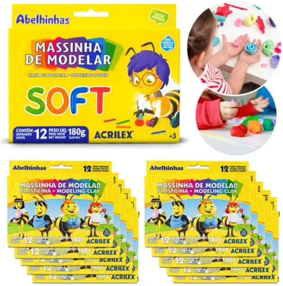 Kit com 10 Caixa de Massinha De Modelar Soft 180g 12 Cores