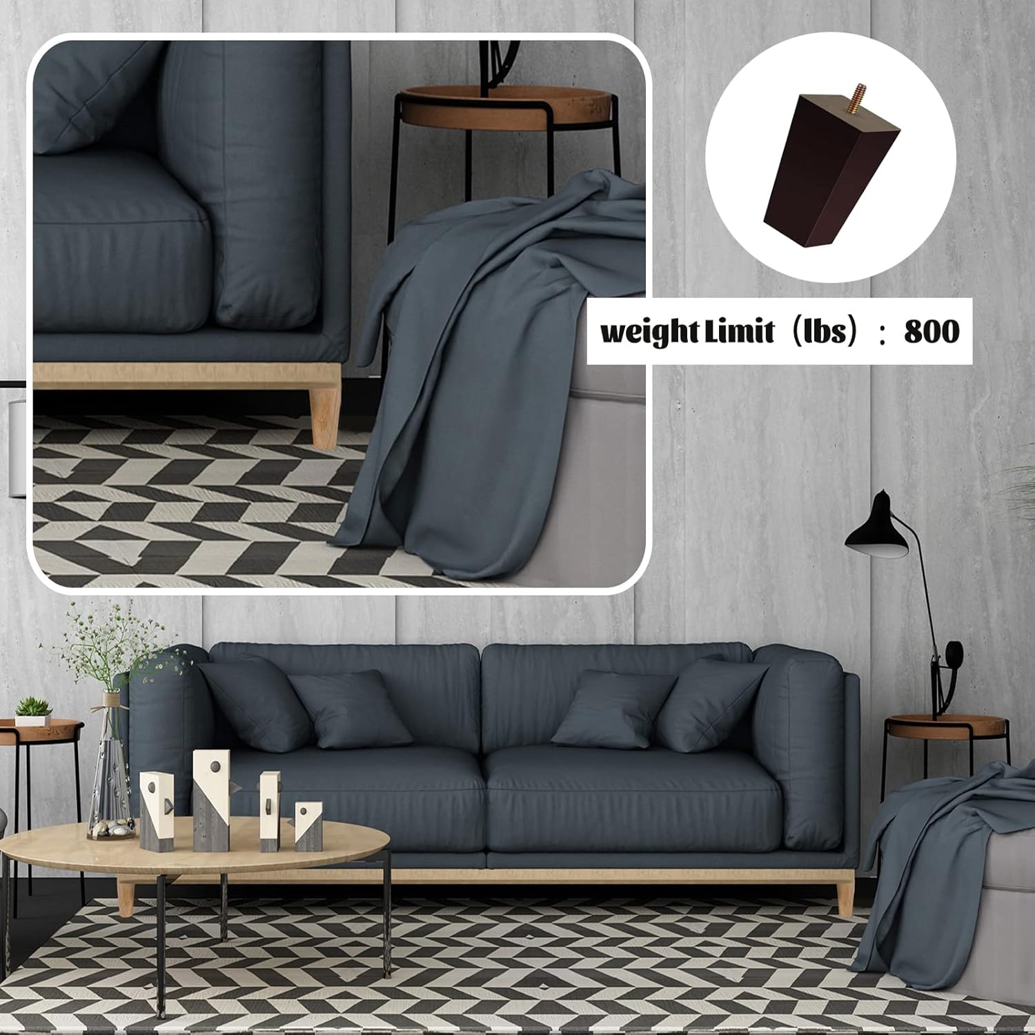 Sofa Legs Square Bed Feet 4 inch Wood Replacement Leg for Furniture Set of 8, Dark Brown…