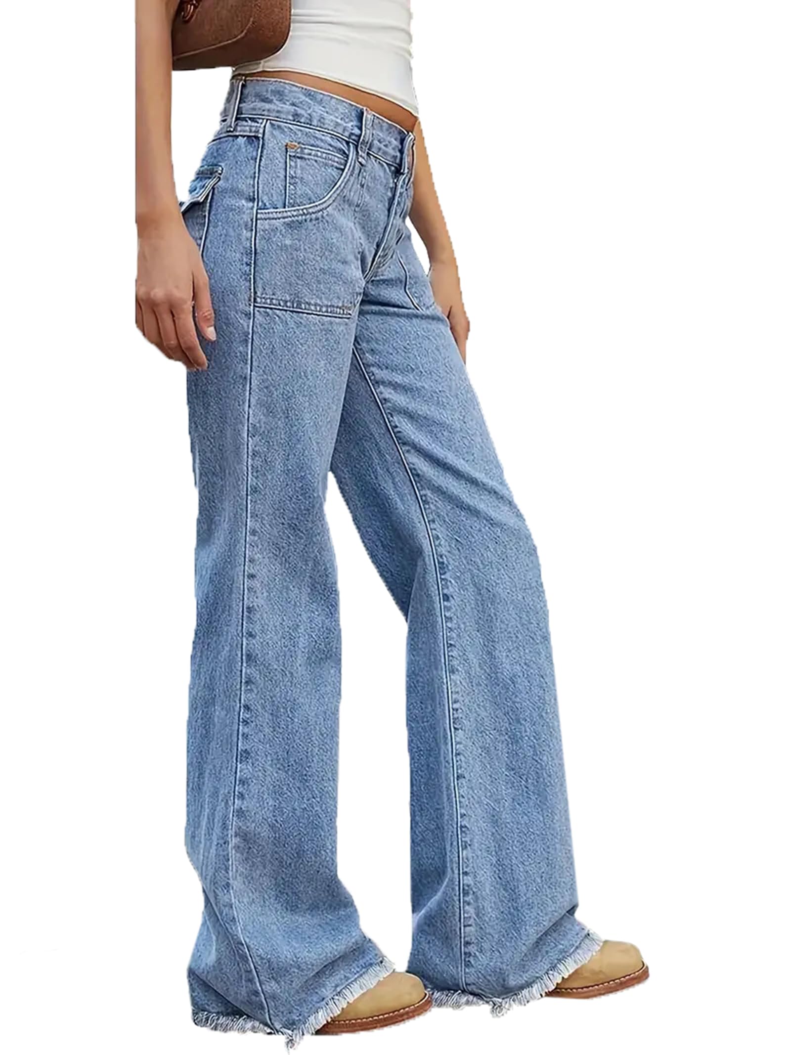 Jeans da Donna A Vita Alta con Gamba Dritta Larghi Usurati Orlo Sfrangiato Pantaloni in Denim A Gamba Larga