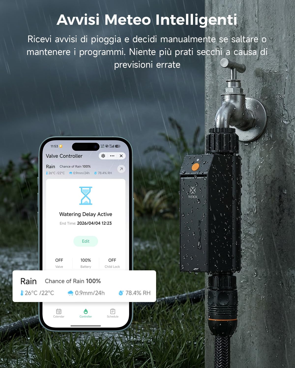 WOOX Programmatore Irrigazione WiFi Intelligente, Senza Hub Richiesto 2,4GHz Timer Irrigazione, App/Controllo Vocale, IP65 Impermeabile Centralina Irrigazione Automatica, Ritardo Pioggia & Manuale
