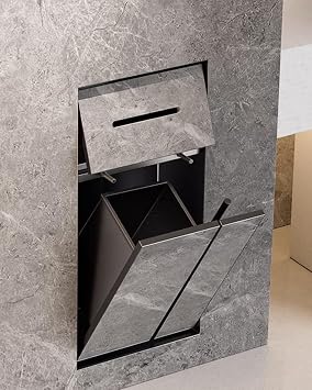 Space Saving Built in Toilet Paper Holder 3-in-1, Black Stainless Steel Recessed Trash Bin Toilet Brush Alcoves, in Wall Tileable Bathroom Storage