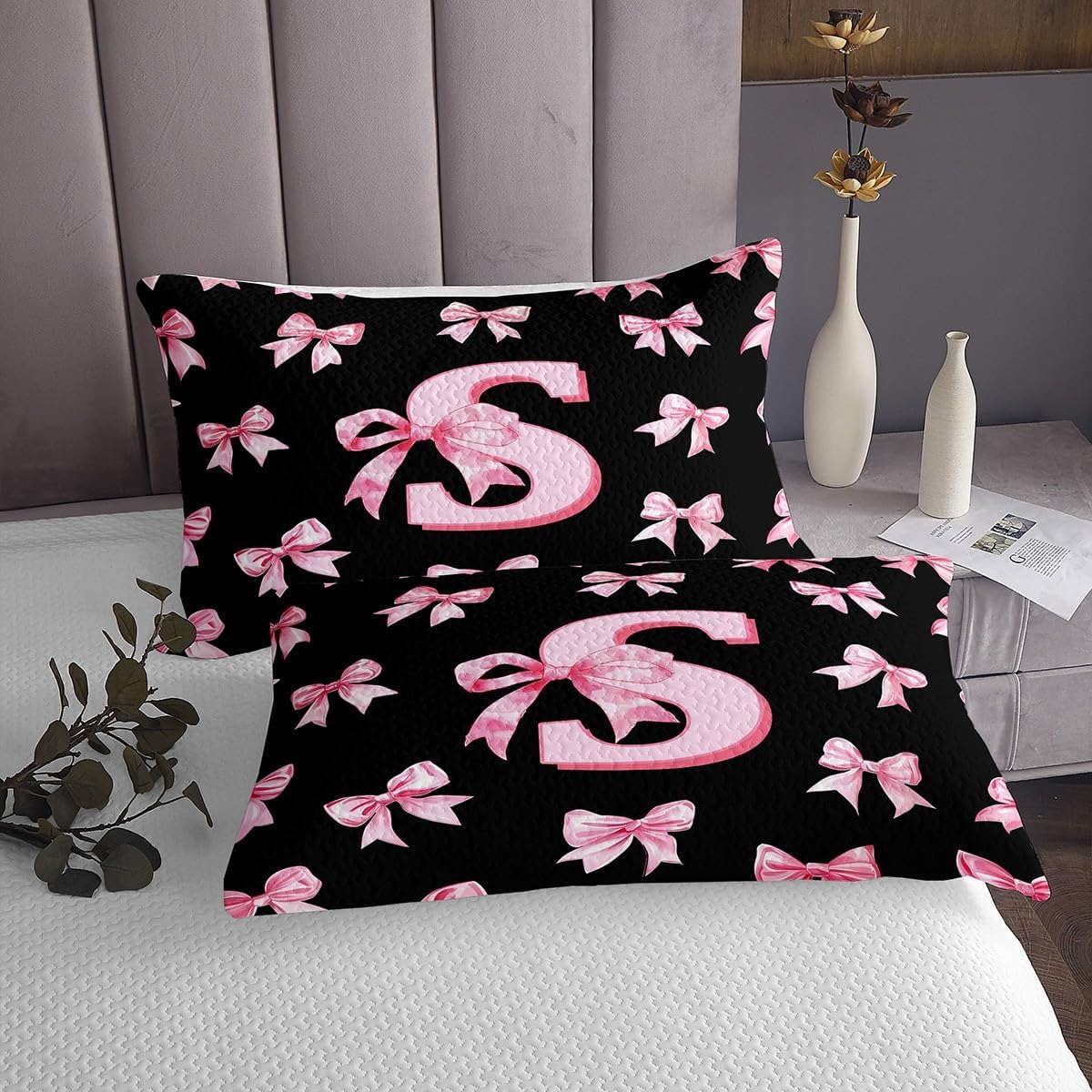 Erosebridal Cute Pink Bow Kids Bedspread Set Twin Size,Personalized Letter S Quilt Sets for Girls,Initial S Coquette Bow Coverlet Sets Preppy Monogrammed Bowknot Bed Set 2 Pcs