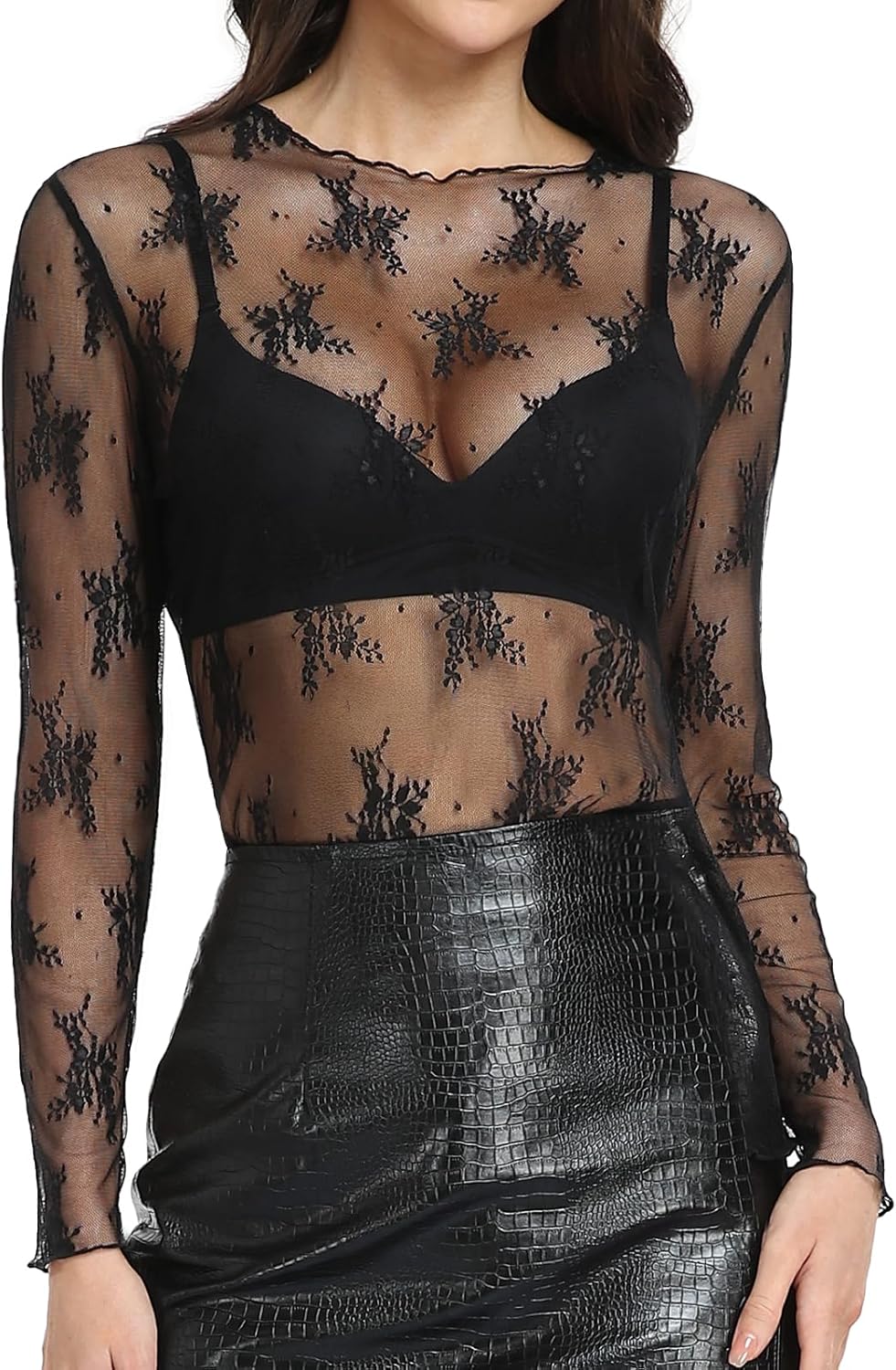 Yincro Womens Lace Tops Long Sleeve Floral Mesh Sheer Shirts Mock Neck See Through Sexy Blouse Top - Image 2