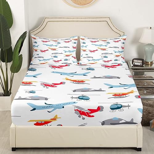 Miniatura 2 de Feelyou Juego de sábanas de avión de dibujos animados, juego de ropa de cama con vehículos de carreras de aviones, sábana bajera ajustable blanca y