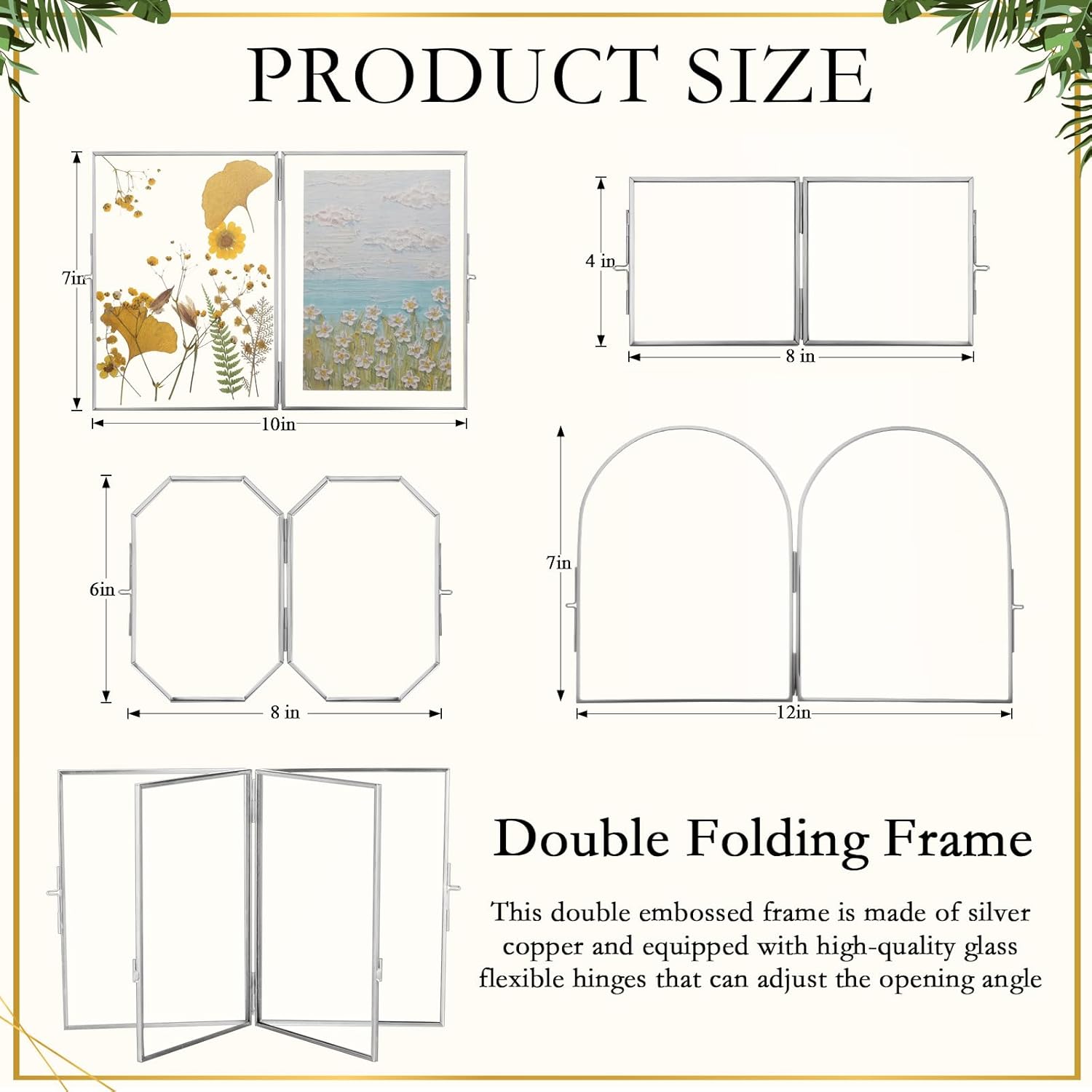 Qunclay 4 Style Double Glass Pressed Flower Frame Handmade with 8 Bag Dried Flowers, Tabletop Hinged Photo Frames Folding Picture Gift for Artwork Home Wall Decor Plant display (Sliver)