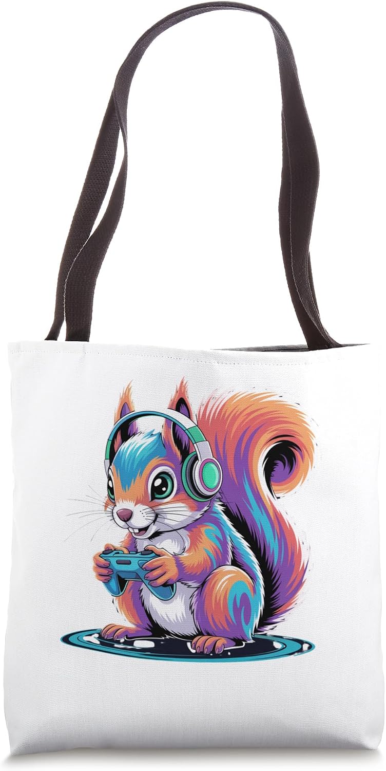 Colorful Squirrel Gaming with Headphones Controller Gamer Tote Bag