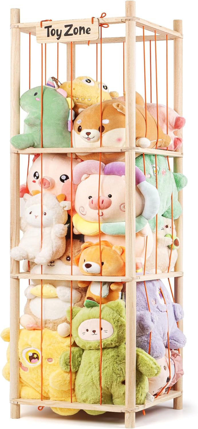 Wooden Stuffed Animal Storage Organizer, Large Capacity Plush Toy Holder for Toddler Room, Playroom & Bedroom, Off-White