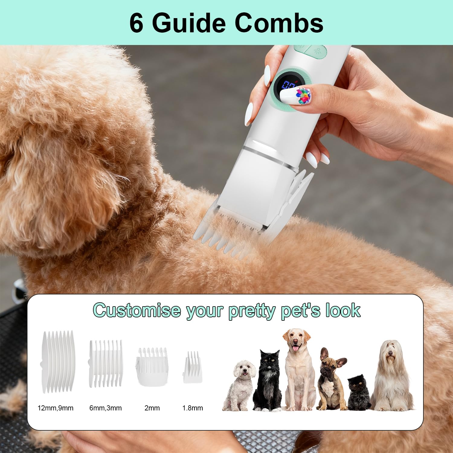 TBTeek Cortapelos para perros con luz LED, kit de aseo inalámbrico 4 en 1, recargable y silencioso, cortaúñas para mascotas, recortador de patas para cuerpo, cara, orejas, uñas