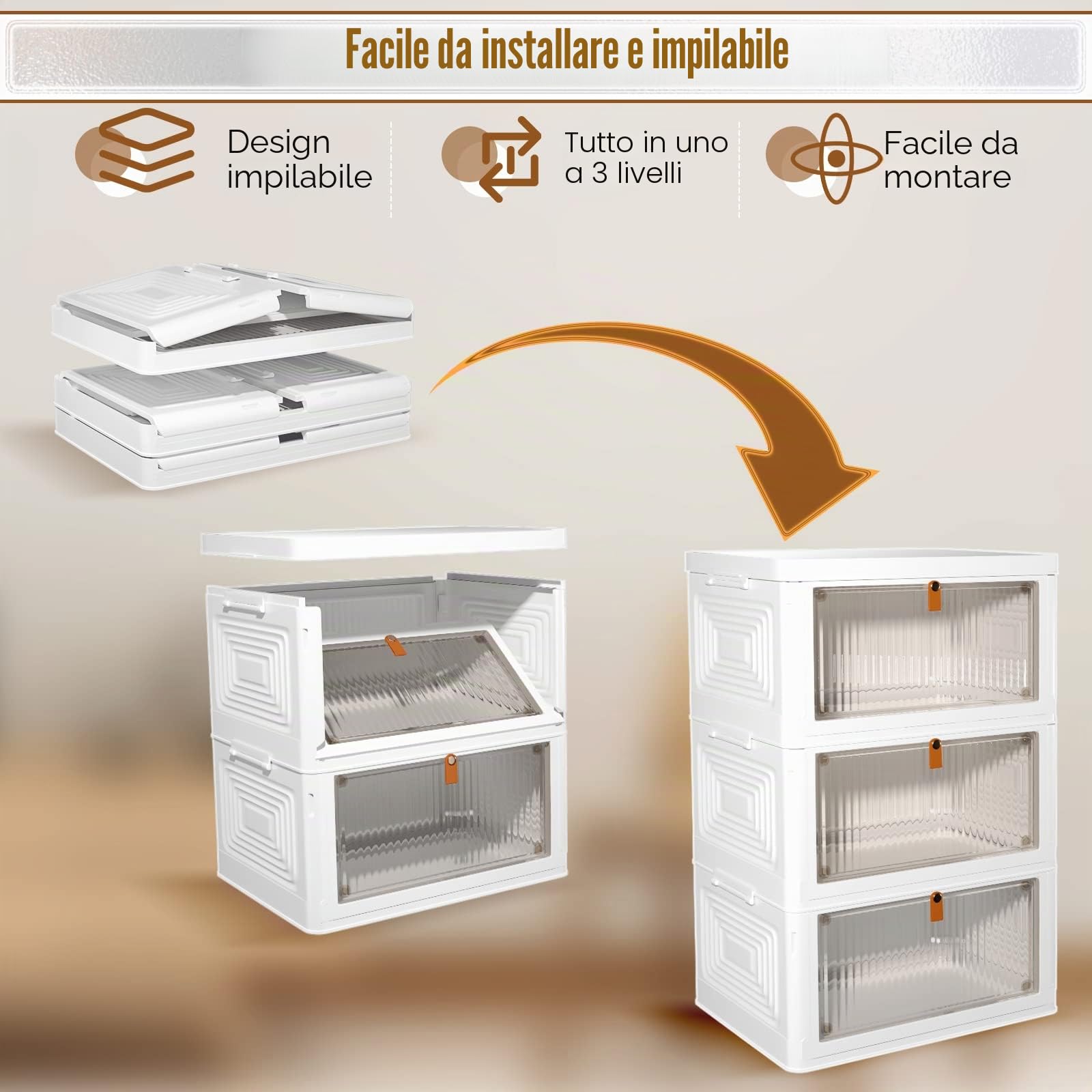 Contenitore portaoggetti in plastica, 3 livelli, 21 L, impilabile, organizer con coperchi, per camera da letto, salotto, cucina, studio e ufficio, scatole pieghevoli portaoggetti