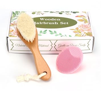 Baby Hair Brush, Wooden Goat Bristles Hair Brush with Silicone Hair Scrubber Cradle Cap Brush for Newborn, Toddler, Boys, Girls Perfect Scalp Grooming Product Pink