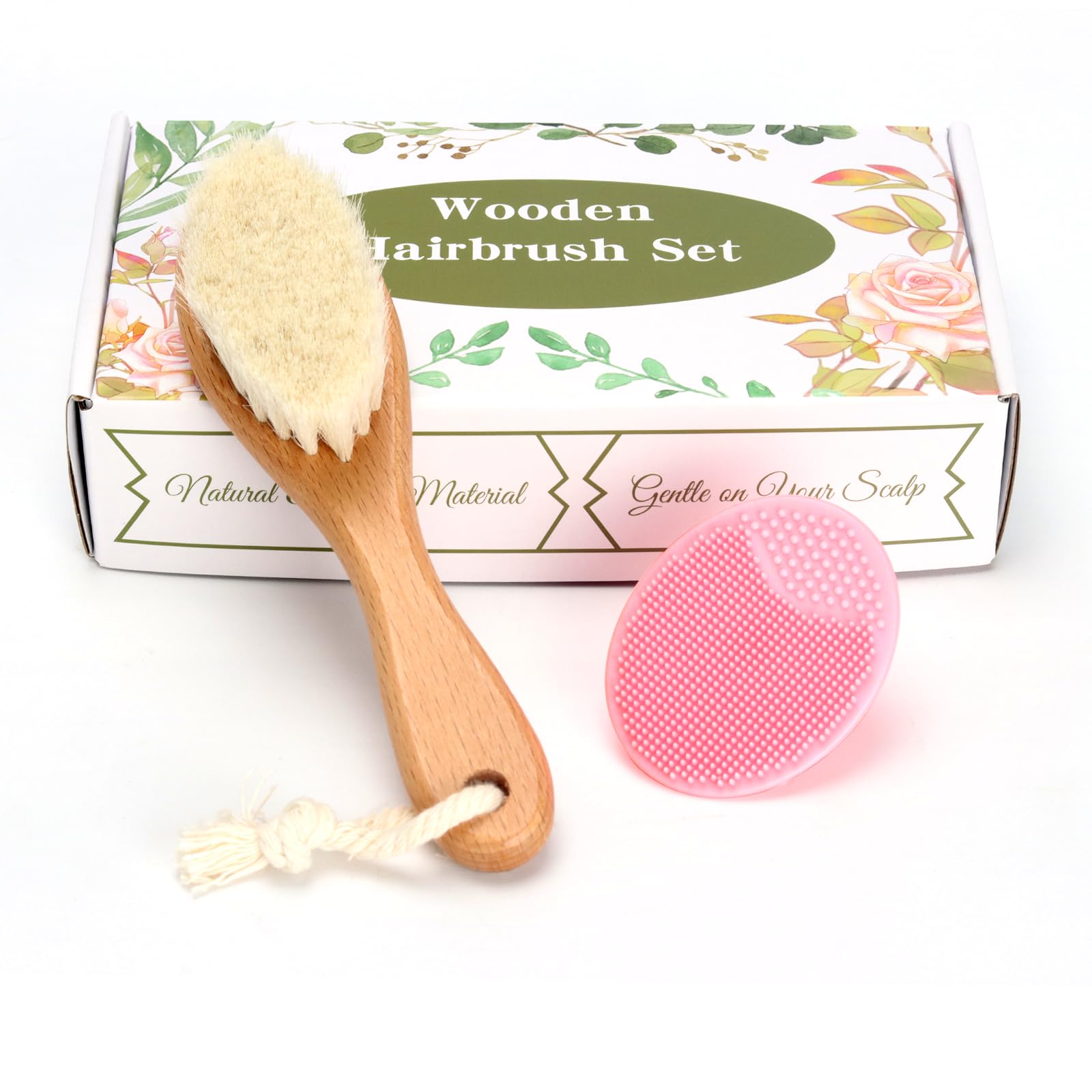 Baby Hair Brush, Wooden Goat Bristles Hair Brush with Silicone Hair Scrubber Cradle Cap Brush for Newborn, Toddler, Boys, Girls Perfect Scalp Grooming