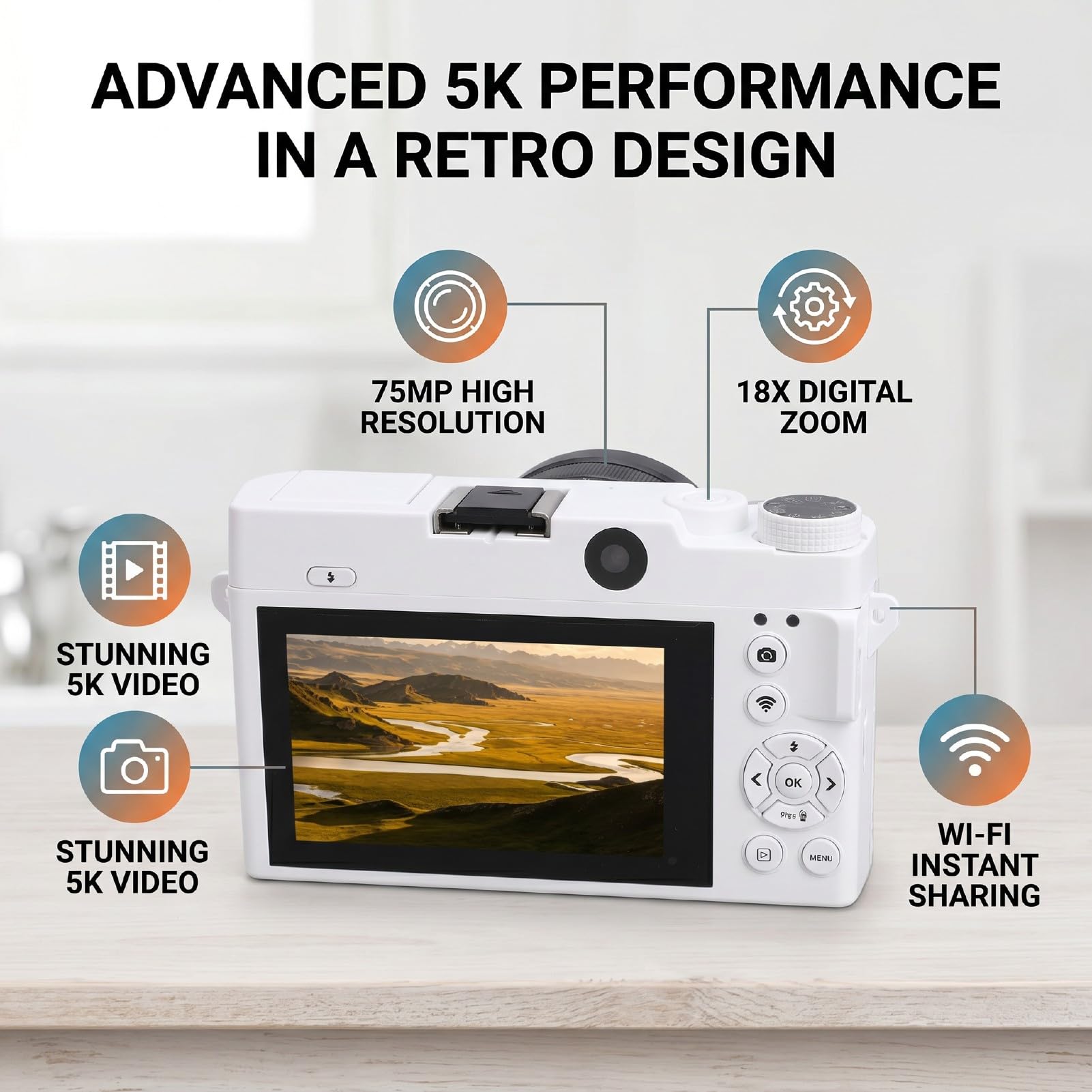 Annadue Fotocamera Digitale 5K per Fotografia, Fotocamera per Vlogging Selfie con Doppio Obiettivo Zoom Digitale 75MP 18x con Schermo da 3 Pollici per Adolescenti Adulti Principia (Black)