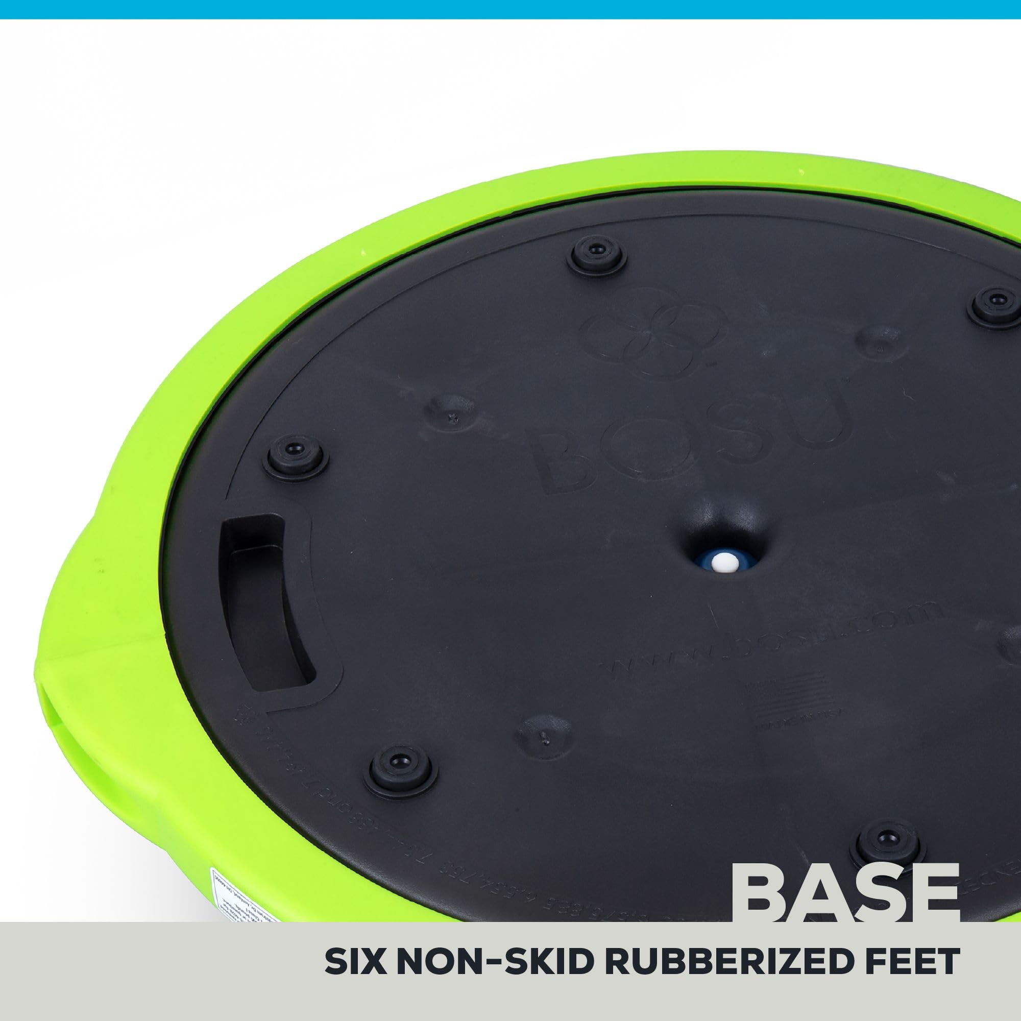 Bosu Balance Ball Trenażer równowagi, sprzęt do ćwiczeń w domu z przewodnikami treningowymi i pompką, 66 cm, niebieski – nadmuchiwana platforma fitness do treningu siłowego, ćwiczeń, równowagi