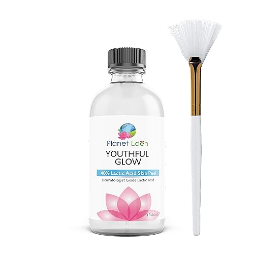 Planet Eden Kit de exfoliación de la piel con ácido láctico al 40% y cepillo de abanico, AHA disminuye las arrugas de las líneas finas y revela una