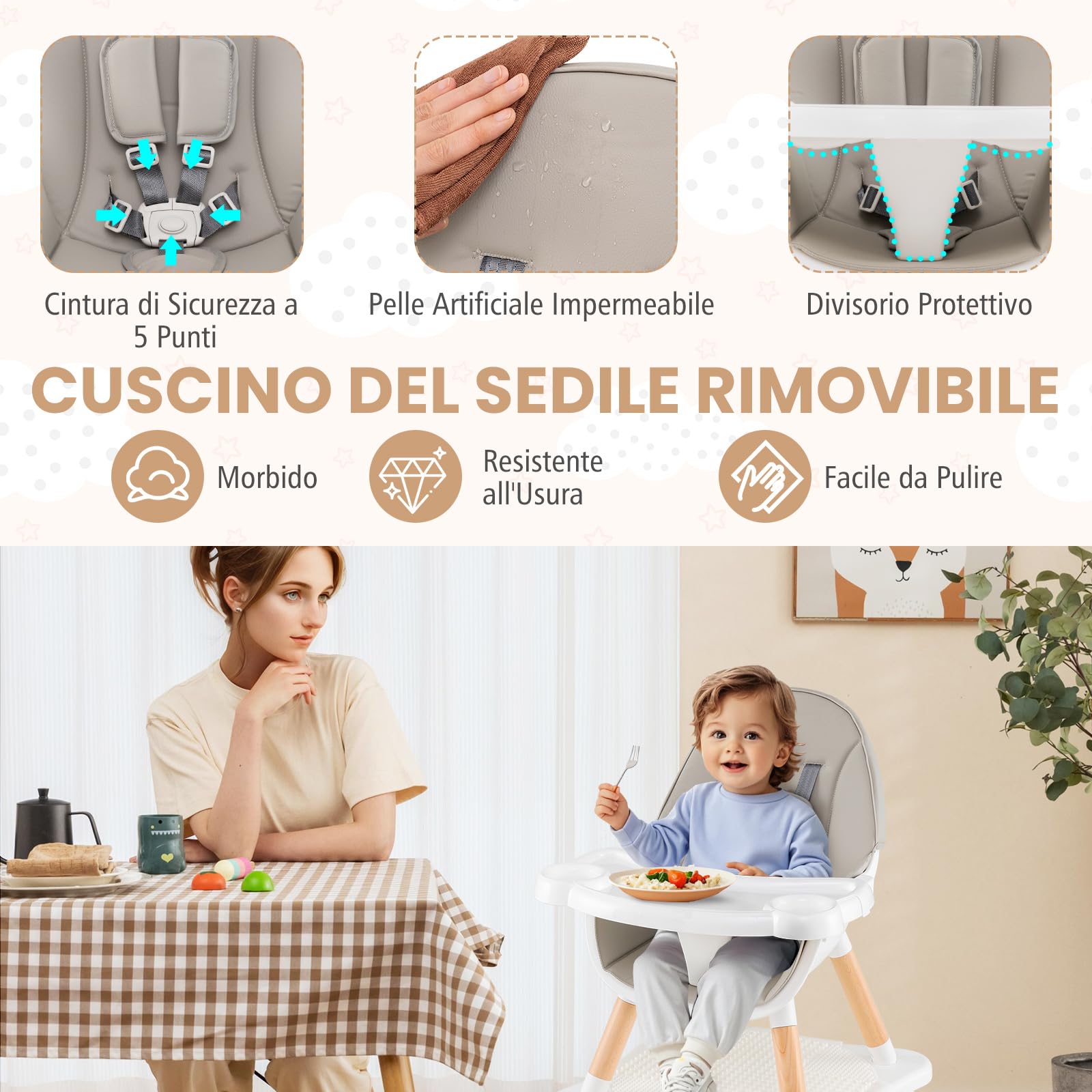 RELAX4LIFE 4 in 1 Seggiolone Pappa, Seggiolone Evolutivo con Vassoio Rimovibile e Cintura di Sicurezza, Altezza Regolabile in 4 Posizioni, per Bambini e Neonati 6-36 Mesi (Standard, Grigio)