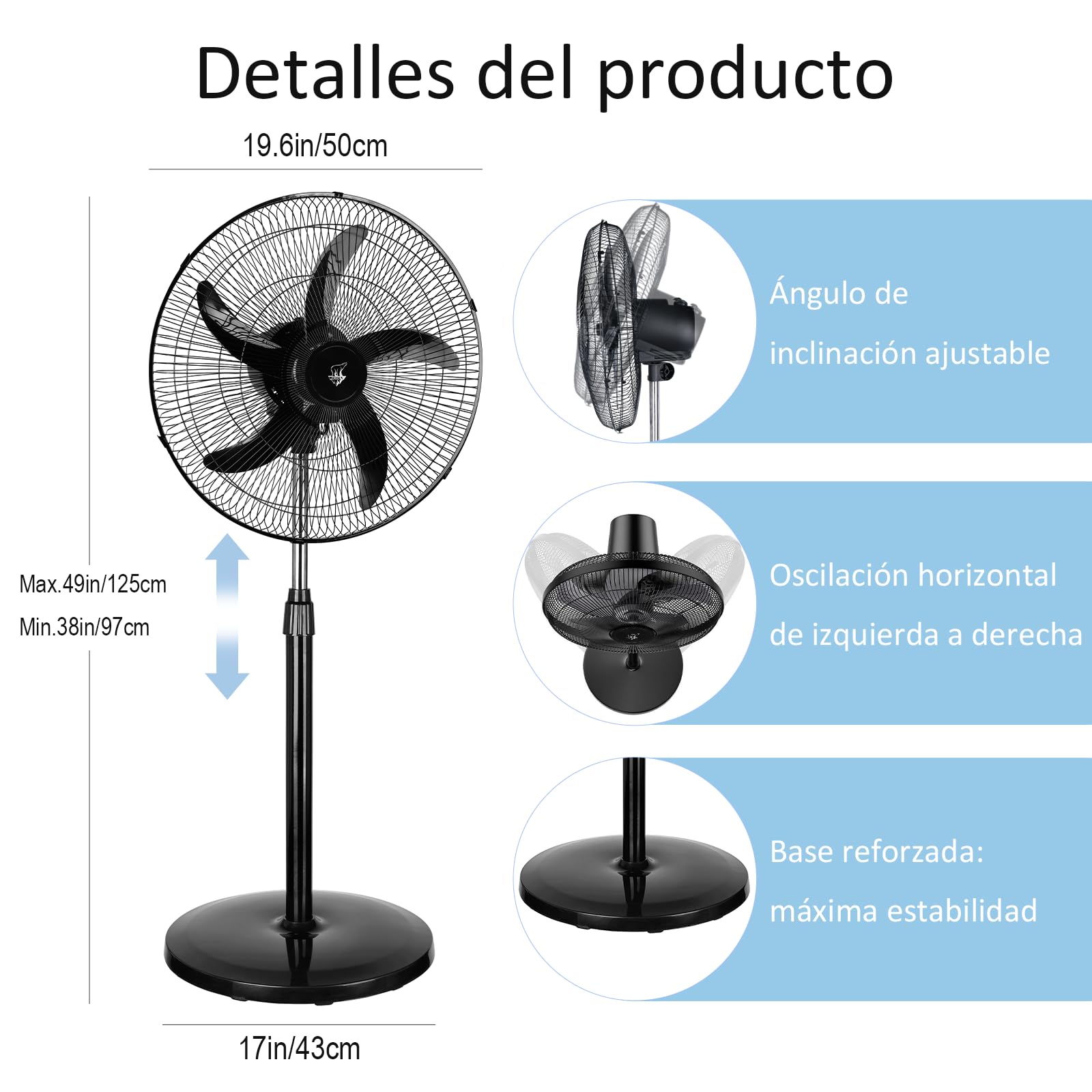 Lirixia Ventilador de Pie Industrial 75W, Aspas de 45 cm (18"), 3 Velocidades Ajustables, Silencioso, Oscilante, Altura Regulable, Base Reforzada, Adecuado para Hogar, Oficina y Almacén, Negro — view 2