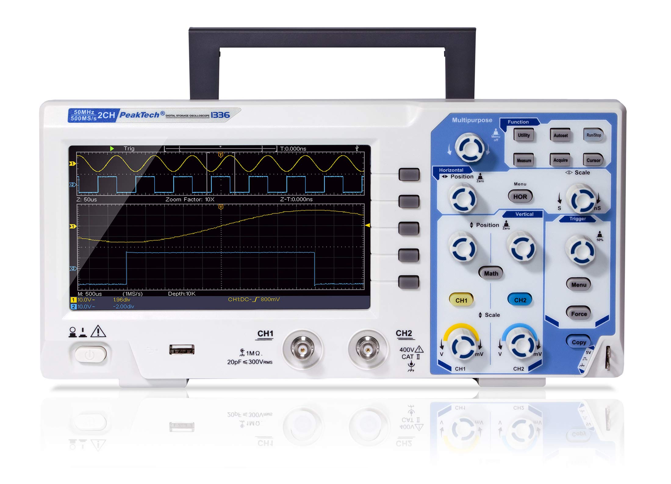 PeakTech P 1336 - Osciloscopio digital de 2 canales (50 MHz, con interfaz USB, 15 W, 240 V)