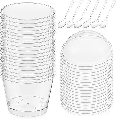 UPKOCH Paquete de 50 tazas de postre con tapa y cuchara, tazas de parfait transparente de 5 onzas con cucharas, tazas redondas de aperitivo con