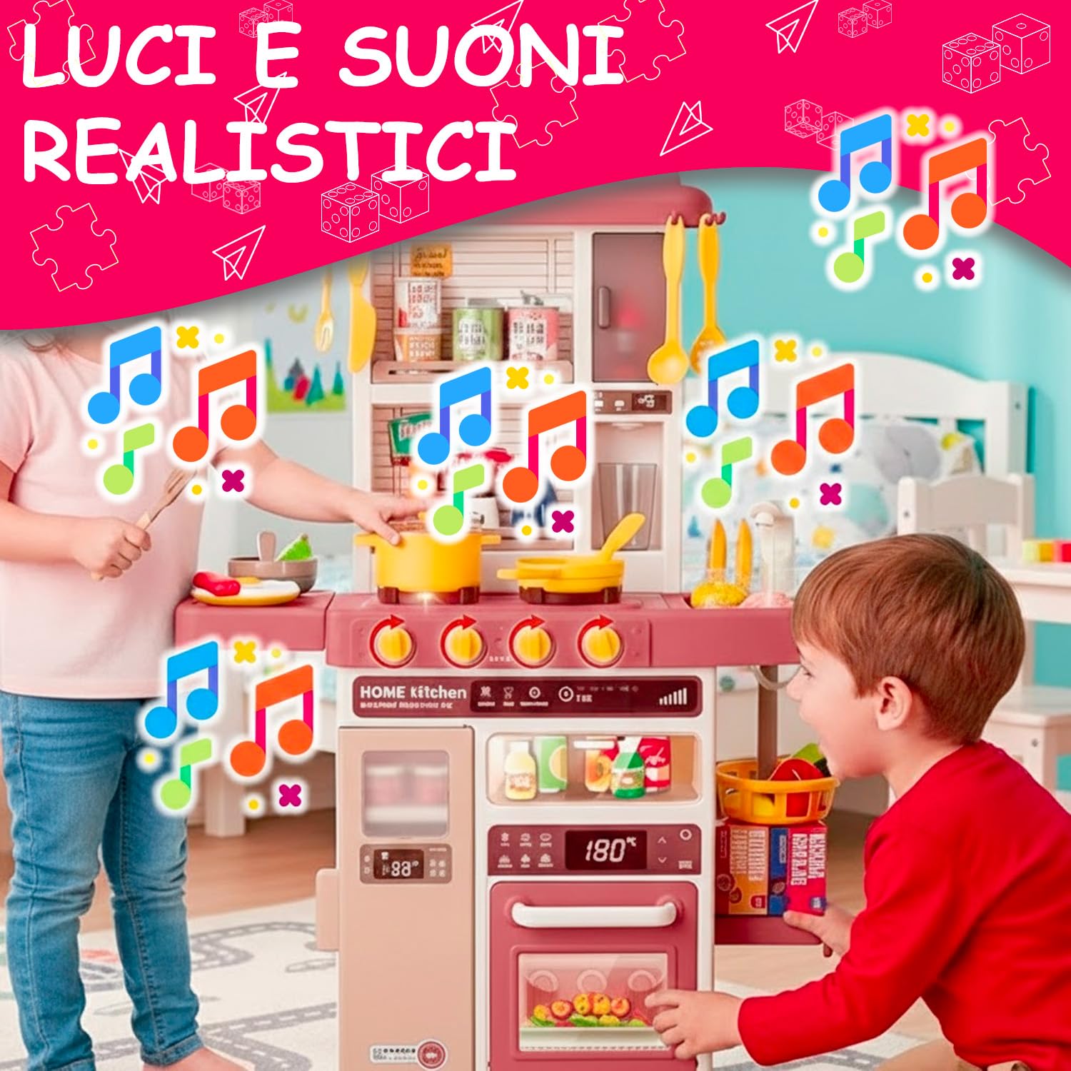Cucina Giocattolo Bambini Con Luci E Suoni Realistici Rubinetto Con Riciclo Acqua Forno E Fornelli Apribili 50 Accessori Inclusi Gioco Educativo Per Bambini Dai 3–8 Anni (Rosso)