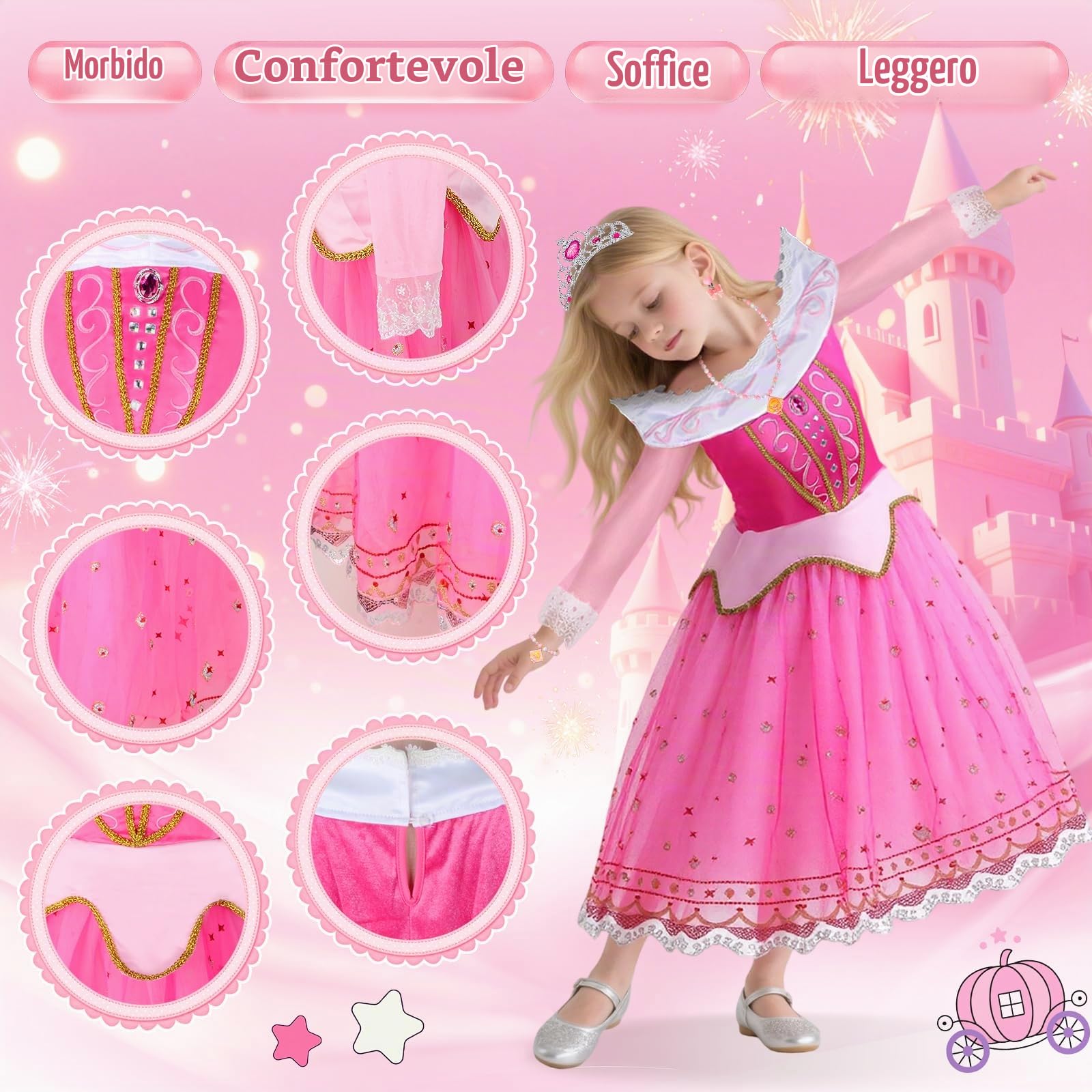 Vestito da Principessa, Vestito Principessa Rosa con Accessori, Costumi Bambina Onna Lunga con Accessorio 11 Pezzi Cosplay Compleanno Festa Halloween Natale