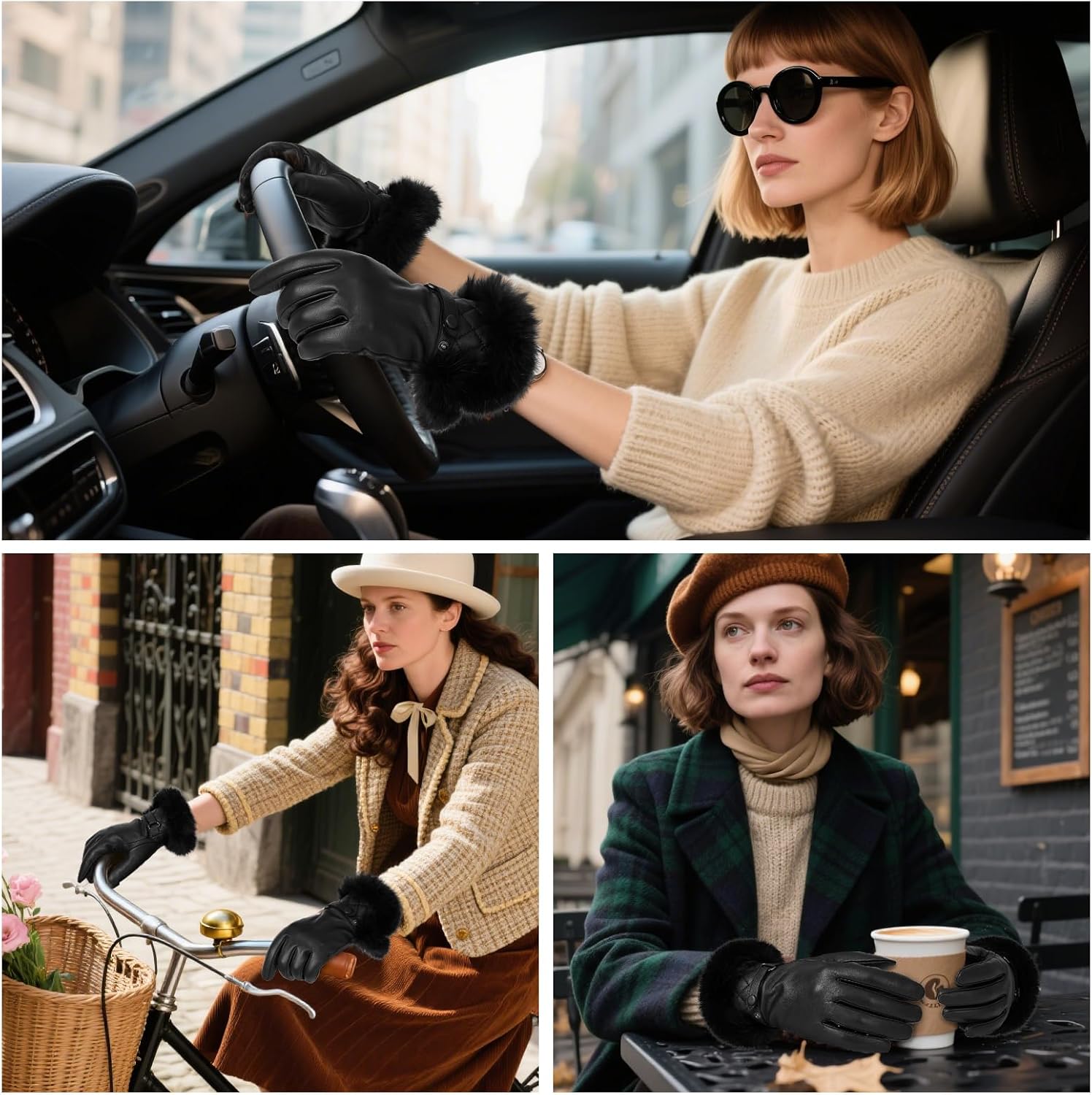 GSG Women Leather Gloves Luxury Rabbit Fur Cuff Winter Touchscreen Warm Driving Gloves - Image 4