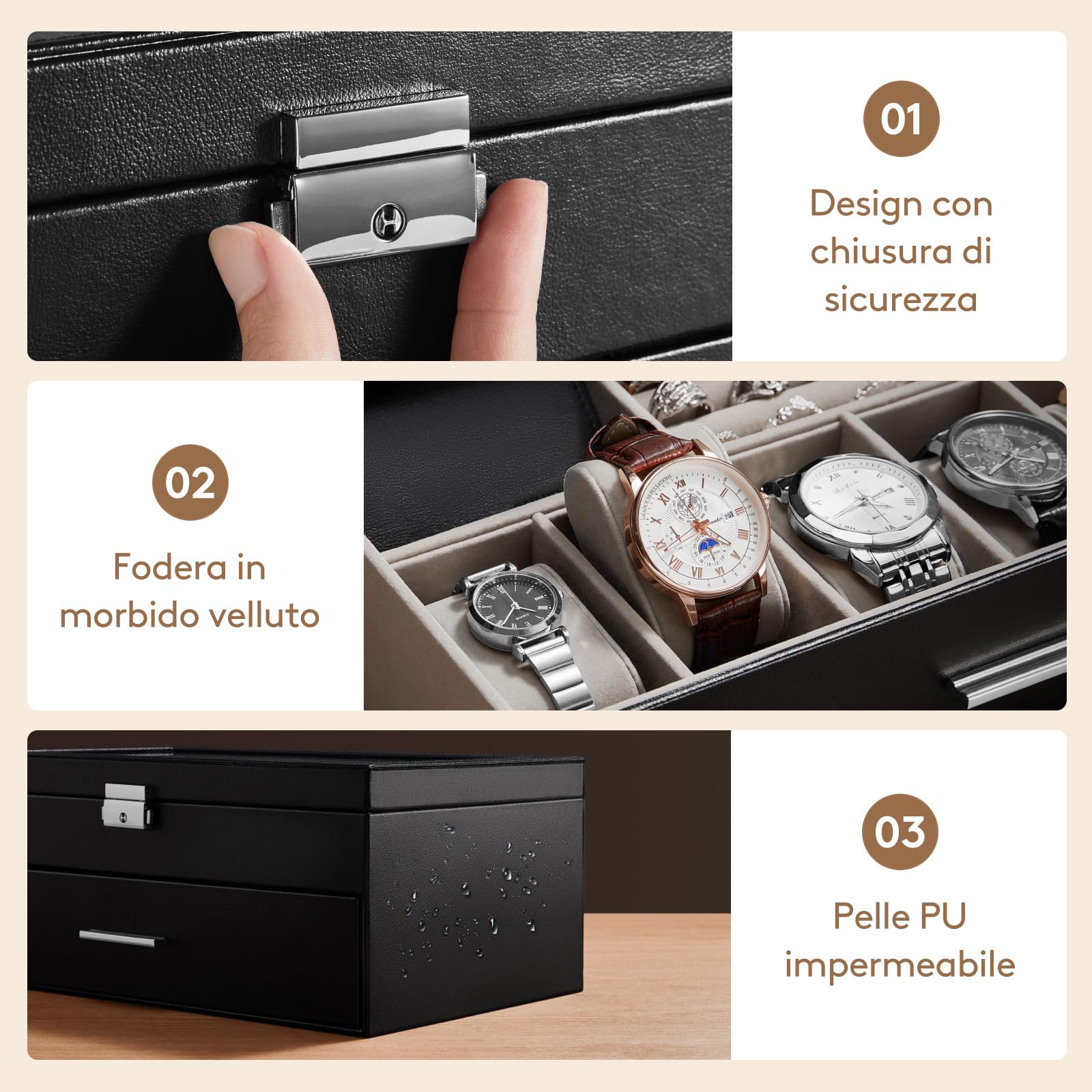 Lifewit Custodia Occhiali Rigida Uomo, Porta Occhiali da Sole Multiplo, Scatola Porta Occhiali con Cassetto, Scatola Orologi Orologi per Carte, Anelli, Spille, Fermacravatta, 35 x 21cm, Nero