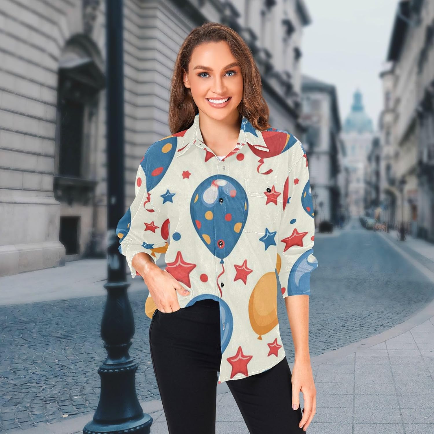 Color Cartoon Hot Air Balloon Woolen Cord Fabric Mens Rugby Shirts Long Sleeve for Women Office with Pockets
