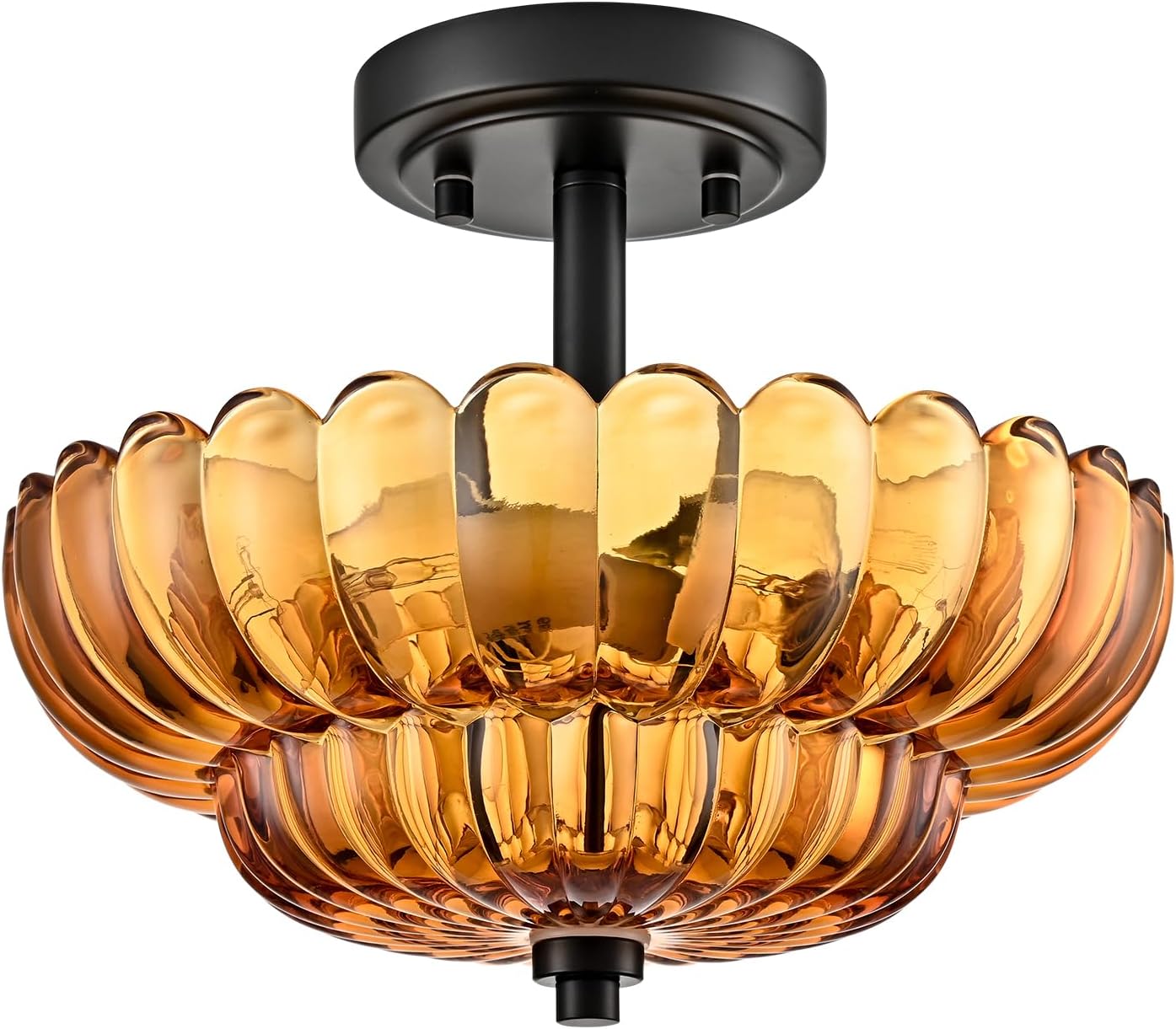 Semi Flush Mount Ceiling Light Fixture, Amber Glass 3-Light Modern Vintage Ceiling Lights, Scalloped Close to Ceiling Light, Black Base Flush Mount Ceiling Light for Hallway Bedroom Entryway Kitchen